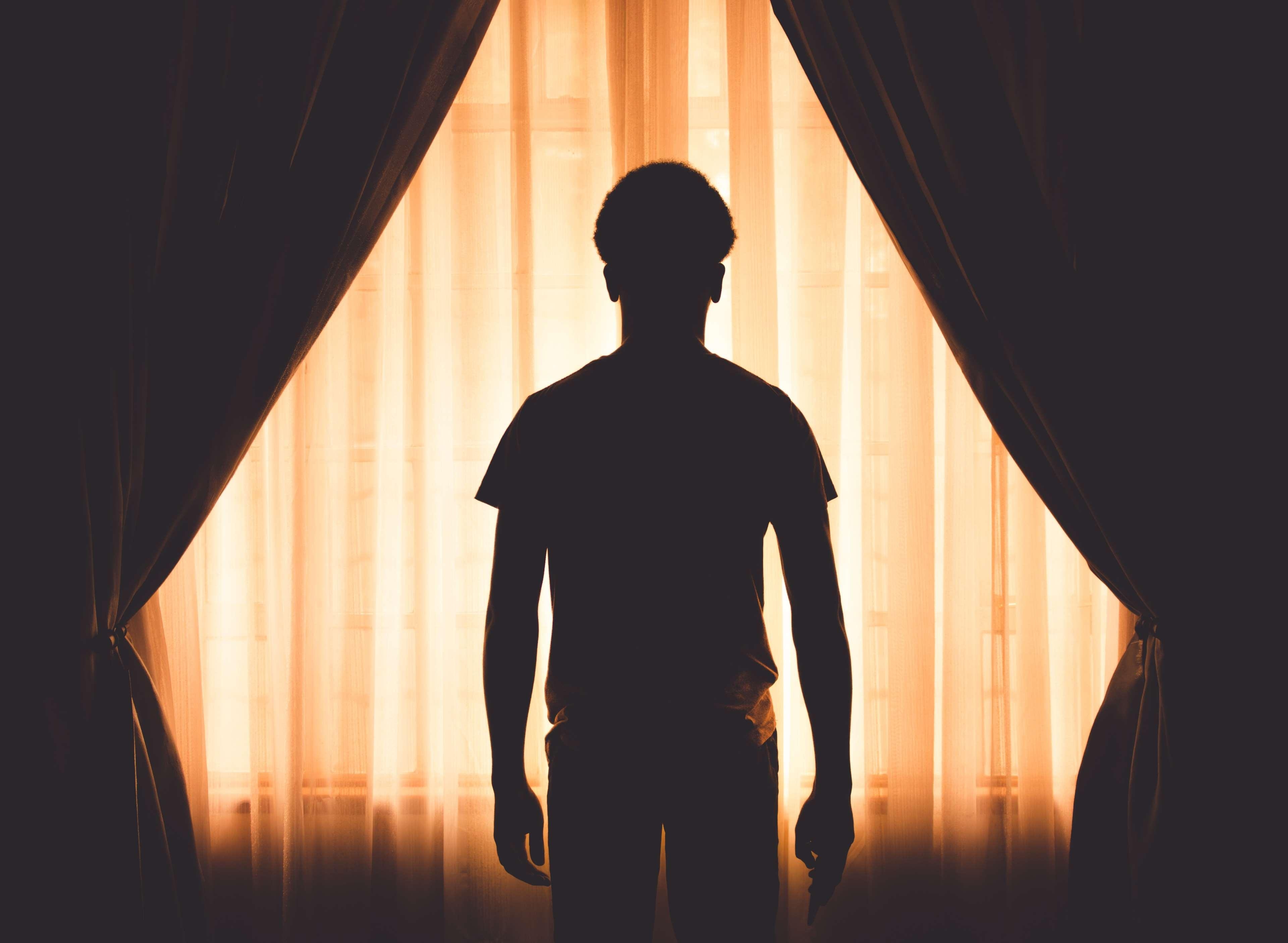 3840x2820 art, back view, backlit, boy, curtains, dark, Desktop