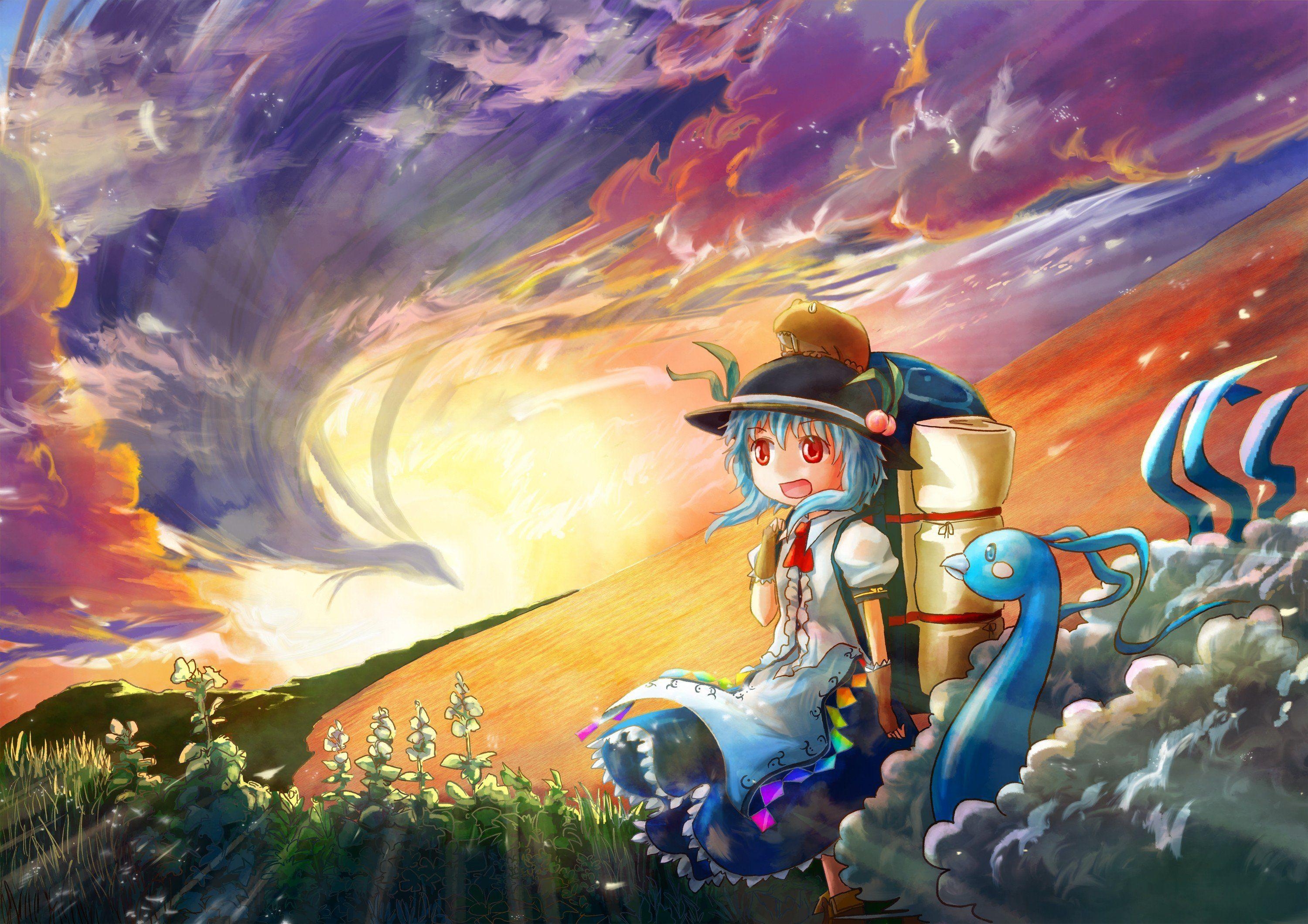 3000x2130 Sunset Pokemon video games clouds Touhou dress blue hair red eyes, Desktop