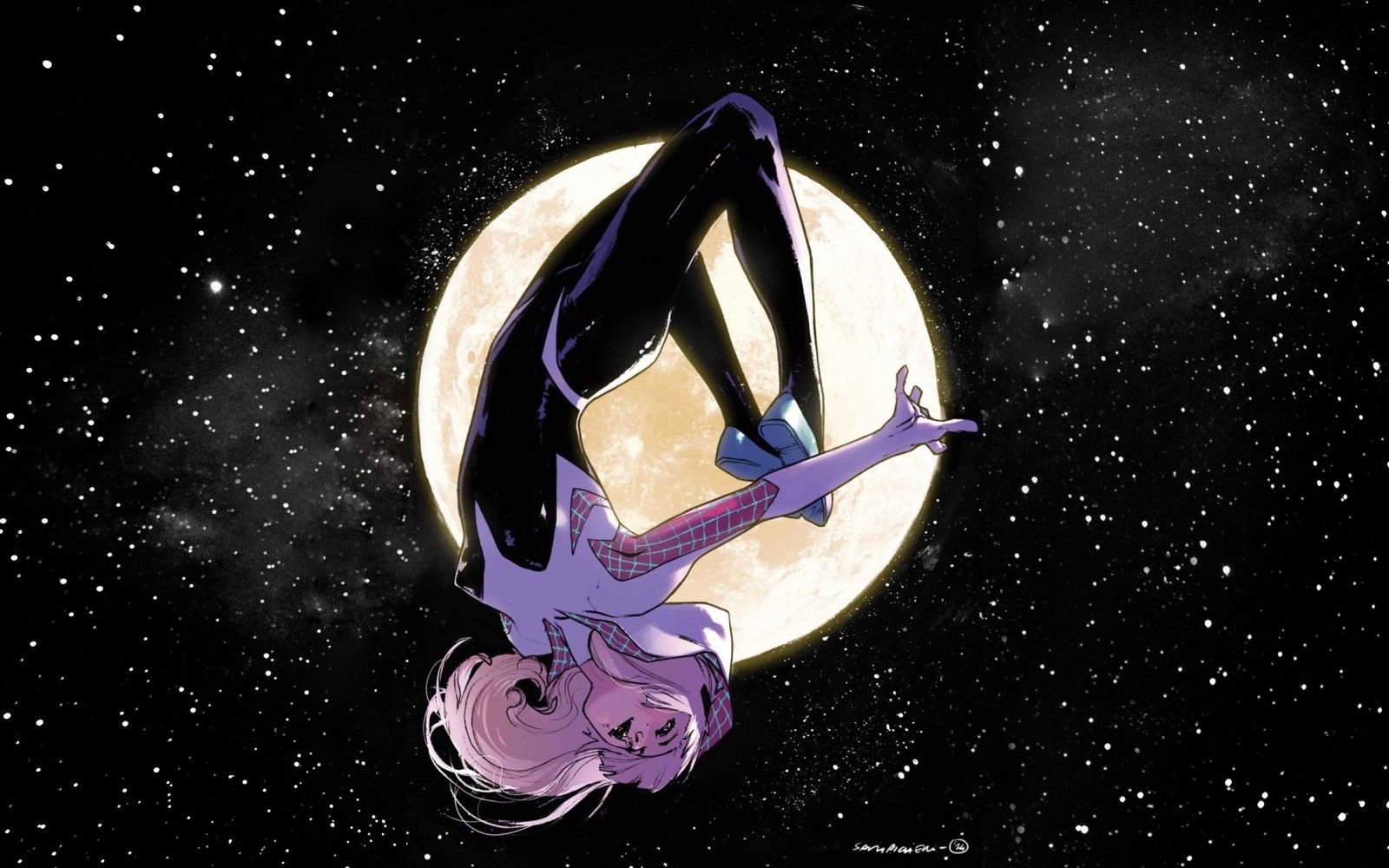 1600x1000 #Spider Man, #Marvel Comics, #Spider Gwen, #Moon, #stars, #Gwen Stacy, Wallpaper, Desktop