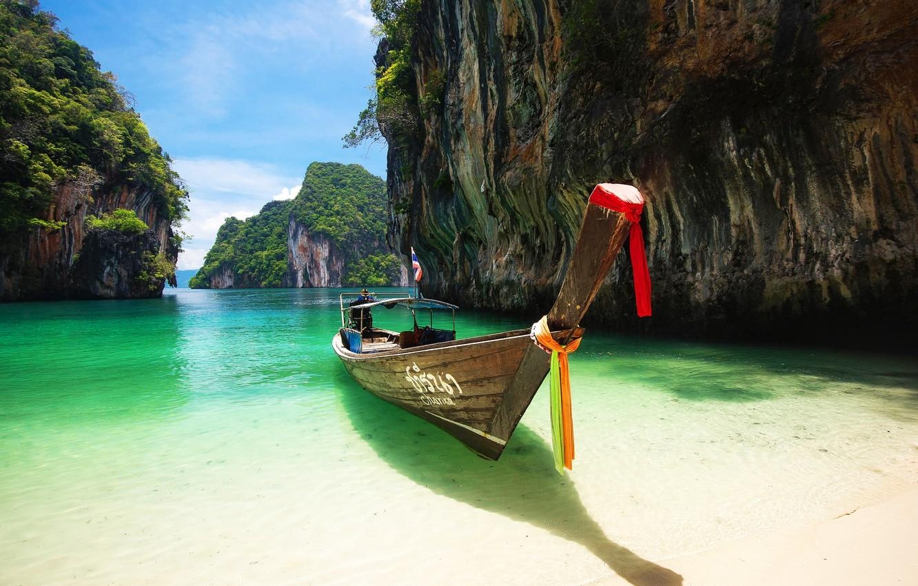 1340x850 Wallpaper sand, sea, beach, landscape, rocks, boat, Thailand, Phuket, Desktop