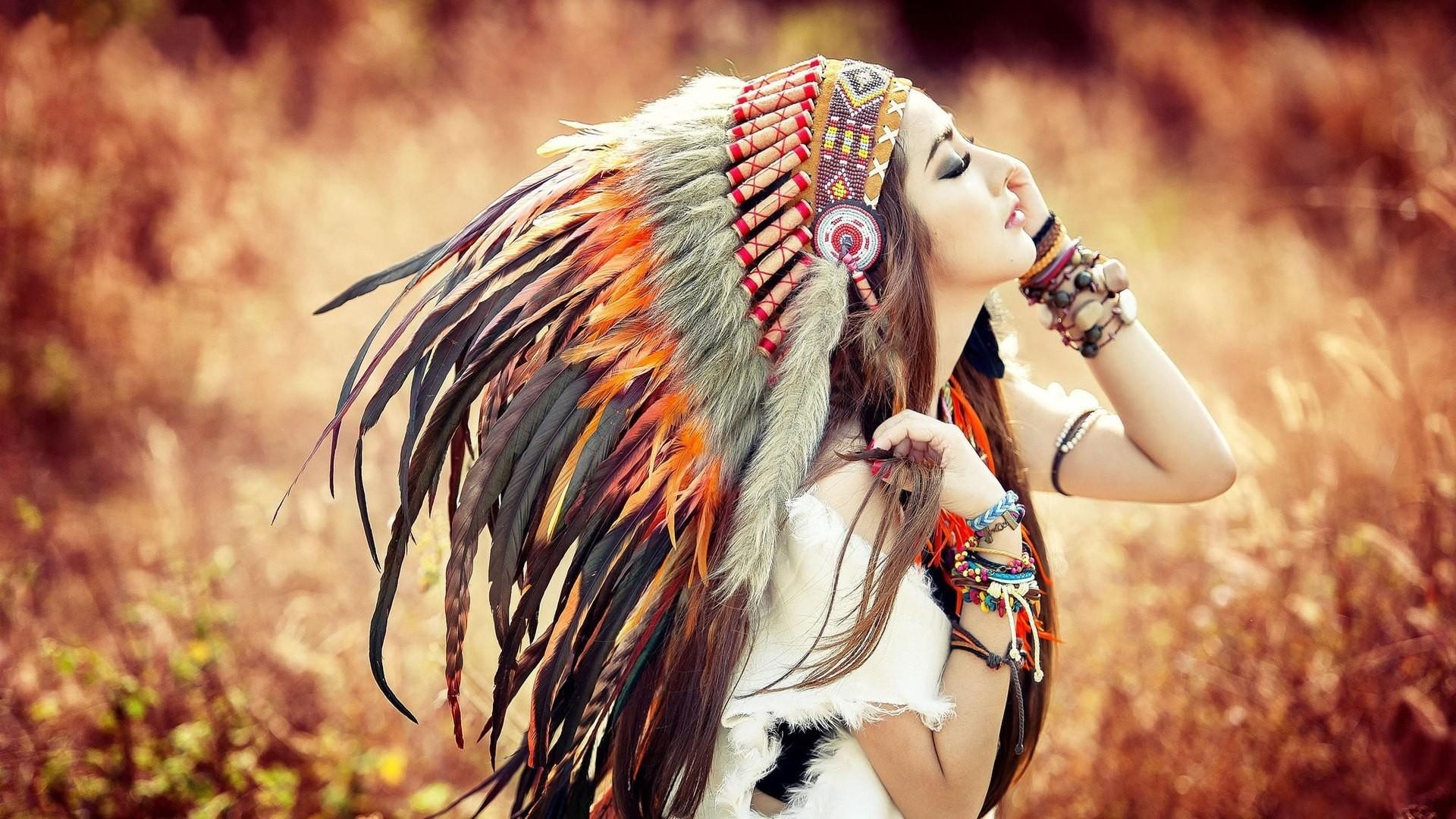 1920x1080 brunette, feathers, asian, headdress, closed eyes, Native Americans, Desktop