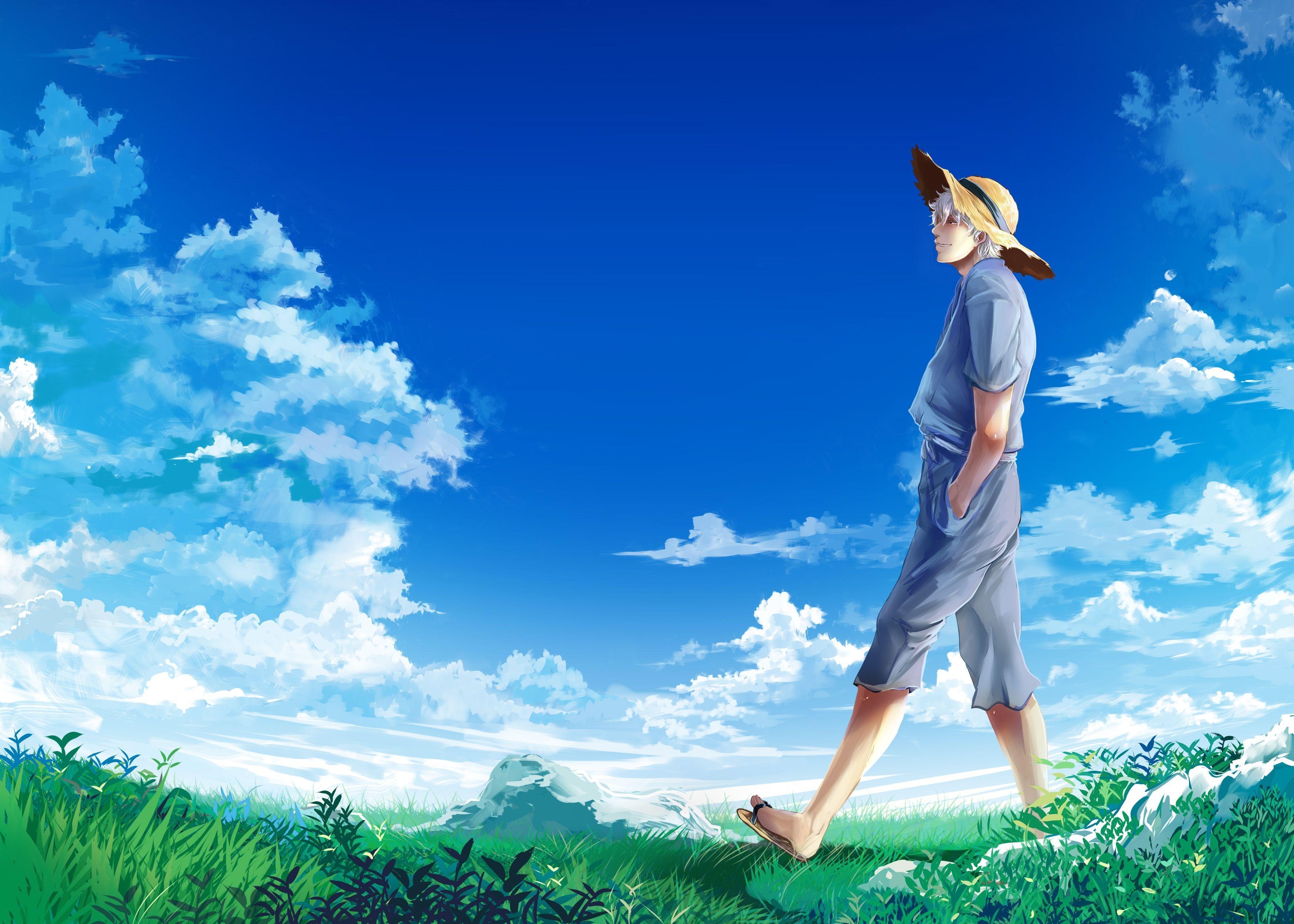 3500x2500 Download Wallpaper the sky, clouds, hat, meadow, guy, Gintama, Desktop