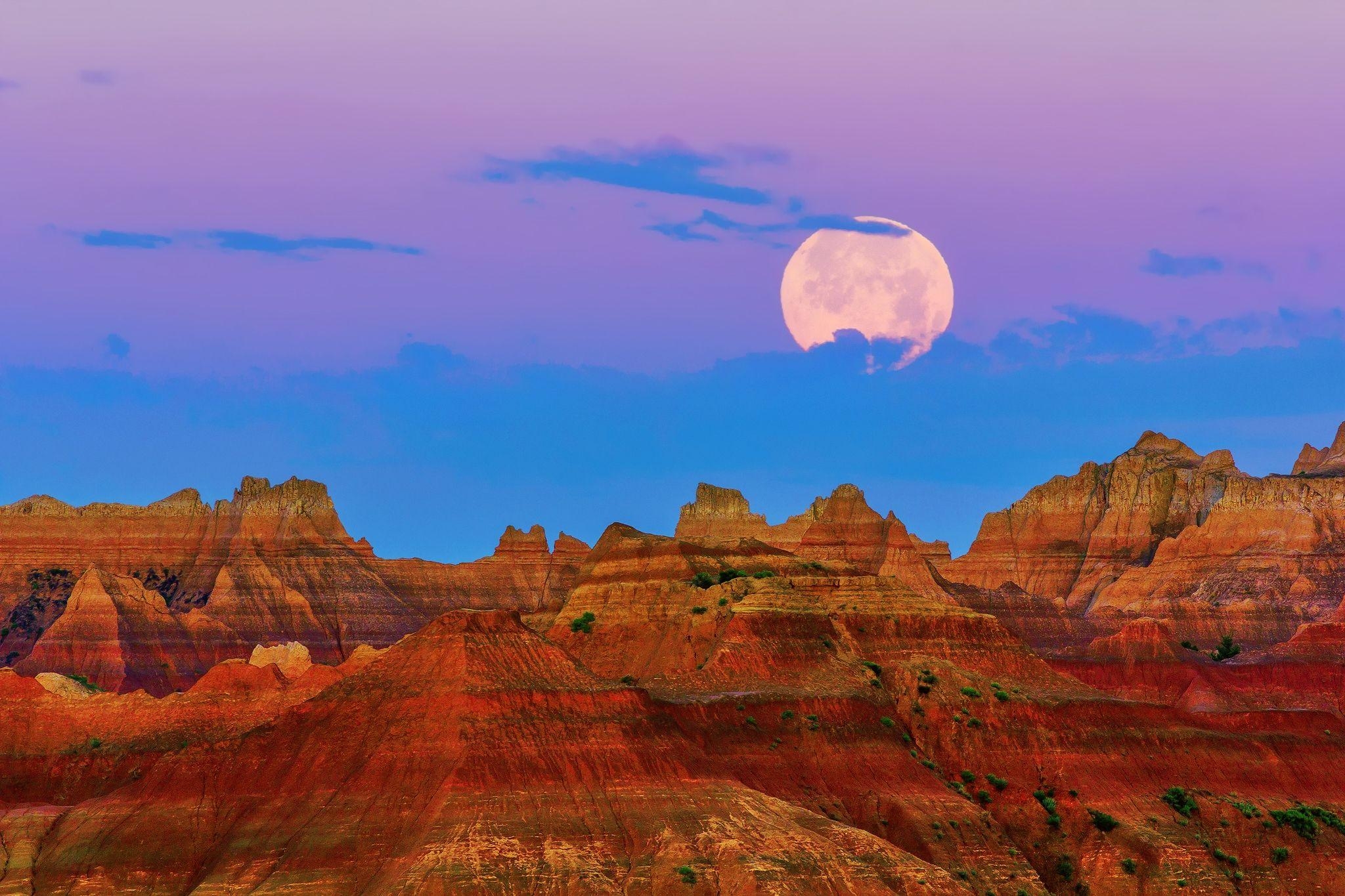 2050x1370 Wallpaper morning, mountains, moon, summer, sky, Yuyun, Badlands, Desktop