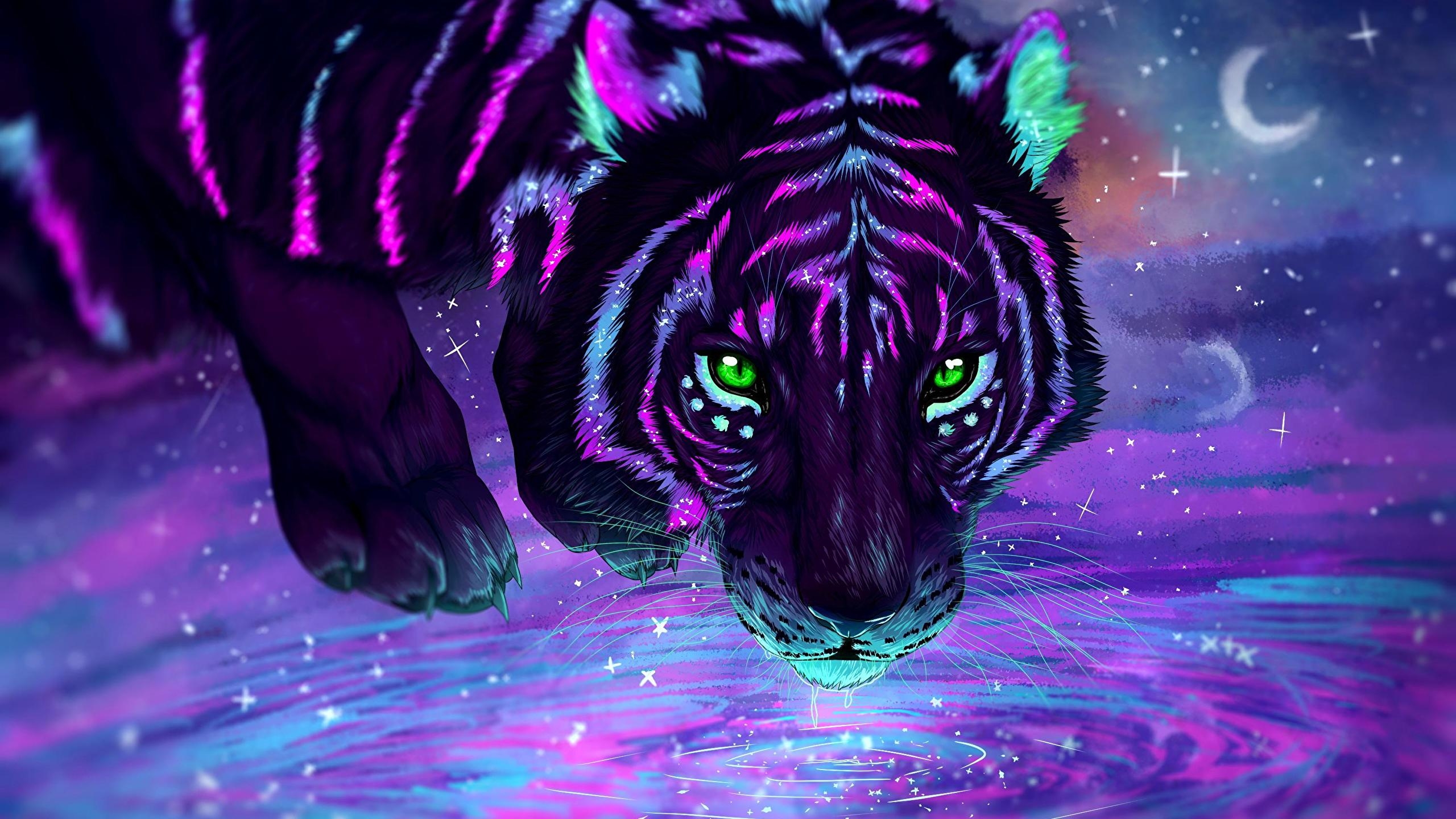 2560x1440 green eyes, Tiger, Water, Neon, Animals Wallpaper HD / Desktop and Mobile Background, Desktop