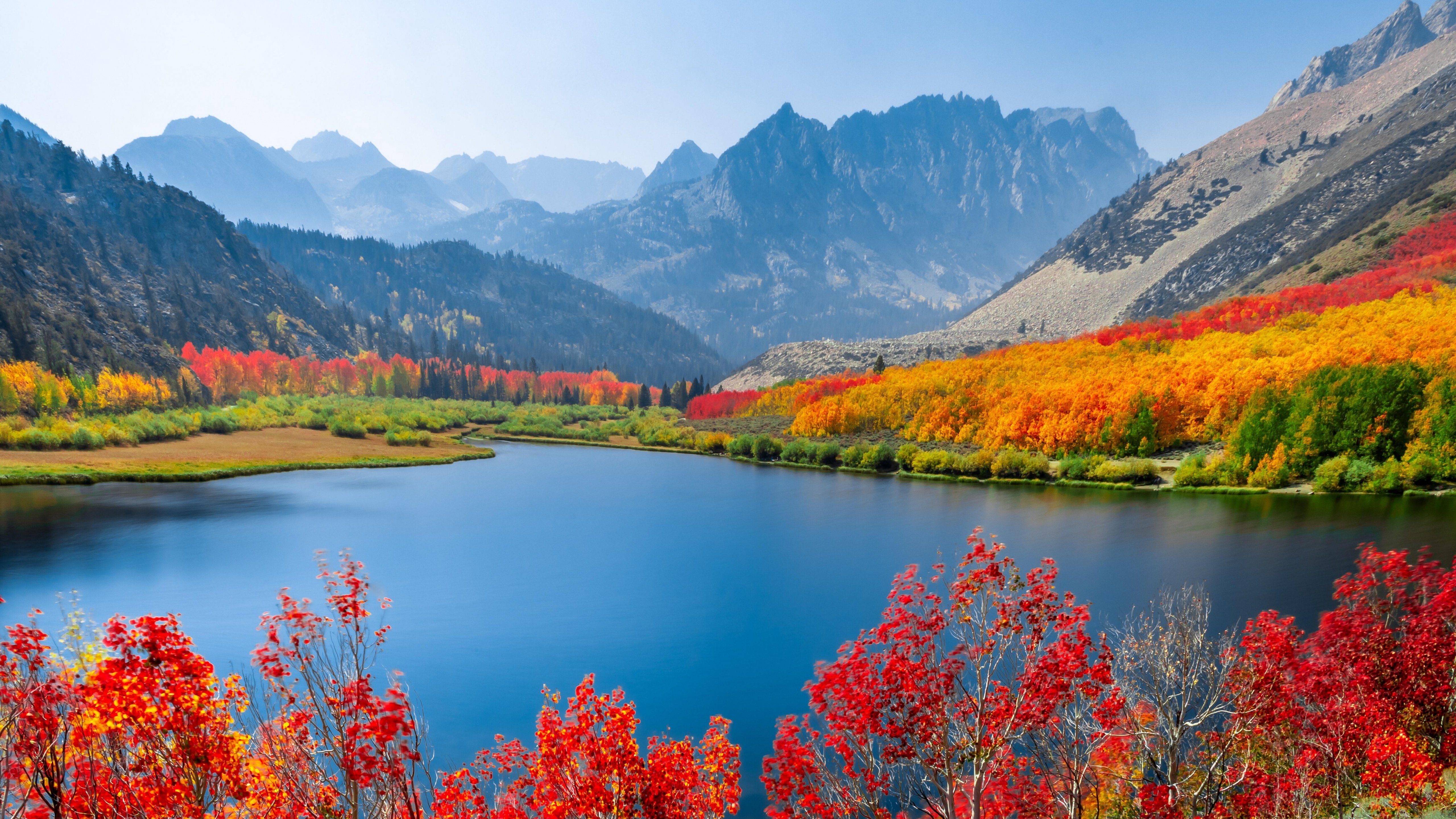 5120x2880 Autumn trees Wallpaper 4K, Lake, Mountain range, Daytime, Desktop