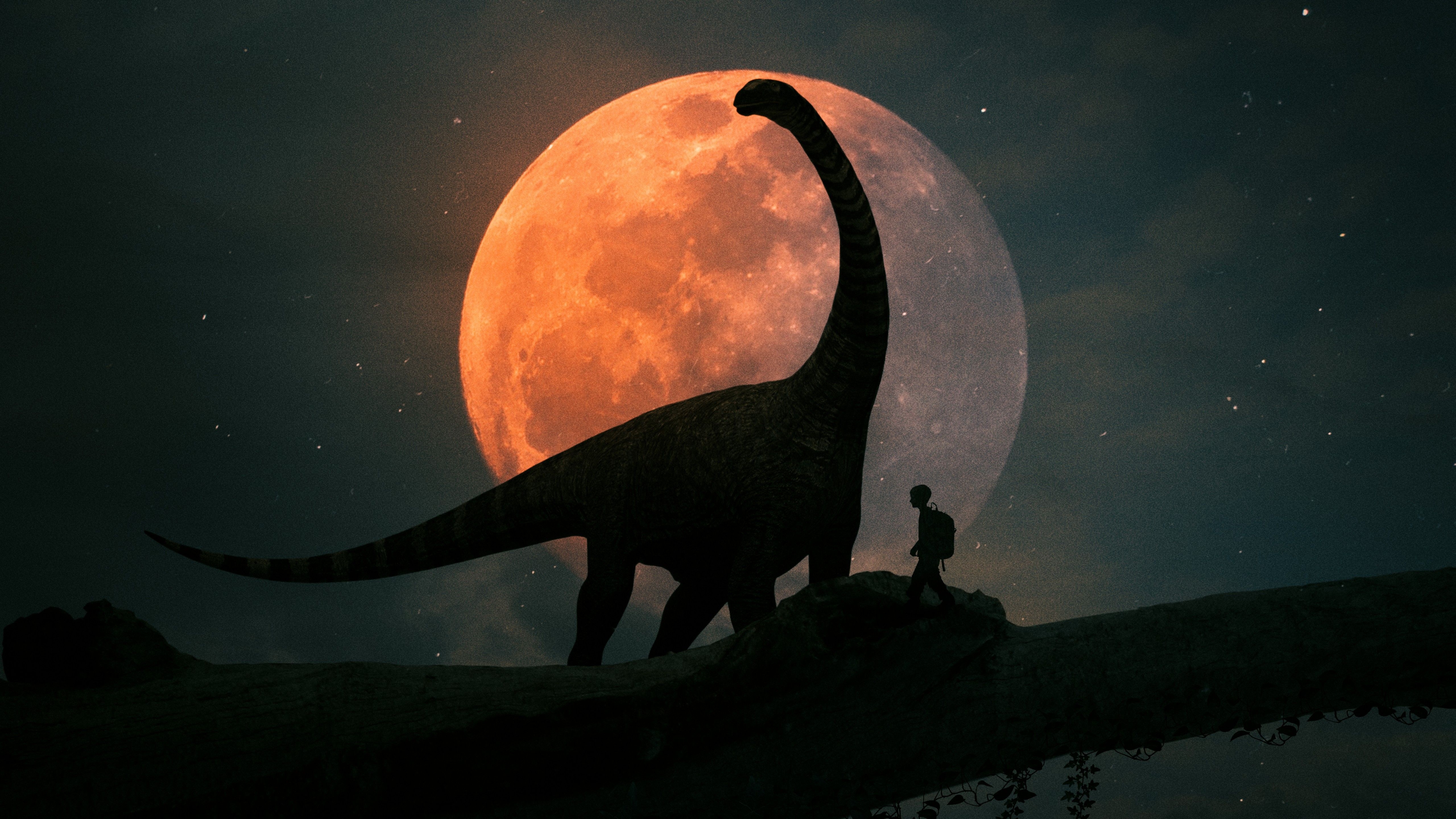 5120x2880 Dinosaur 4K Wallpaper, Kid, Night, Travel, Discover, Moon, Silhouette, Graphics CGI, Desktop