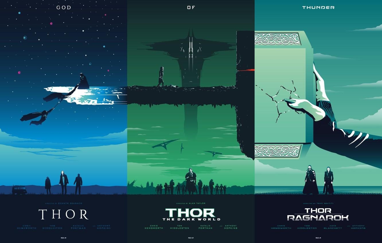 1340x850 Wallpaper fiction, collage, hammer, poster, art, characters, films, comic, Thor, fan art, MARVEL, trilogy, god of thunder, Thor, The Dark World, Thor: Ragnarok, Thor: Ragnarok image for desktop, section фильмы, Desktop