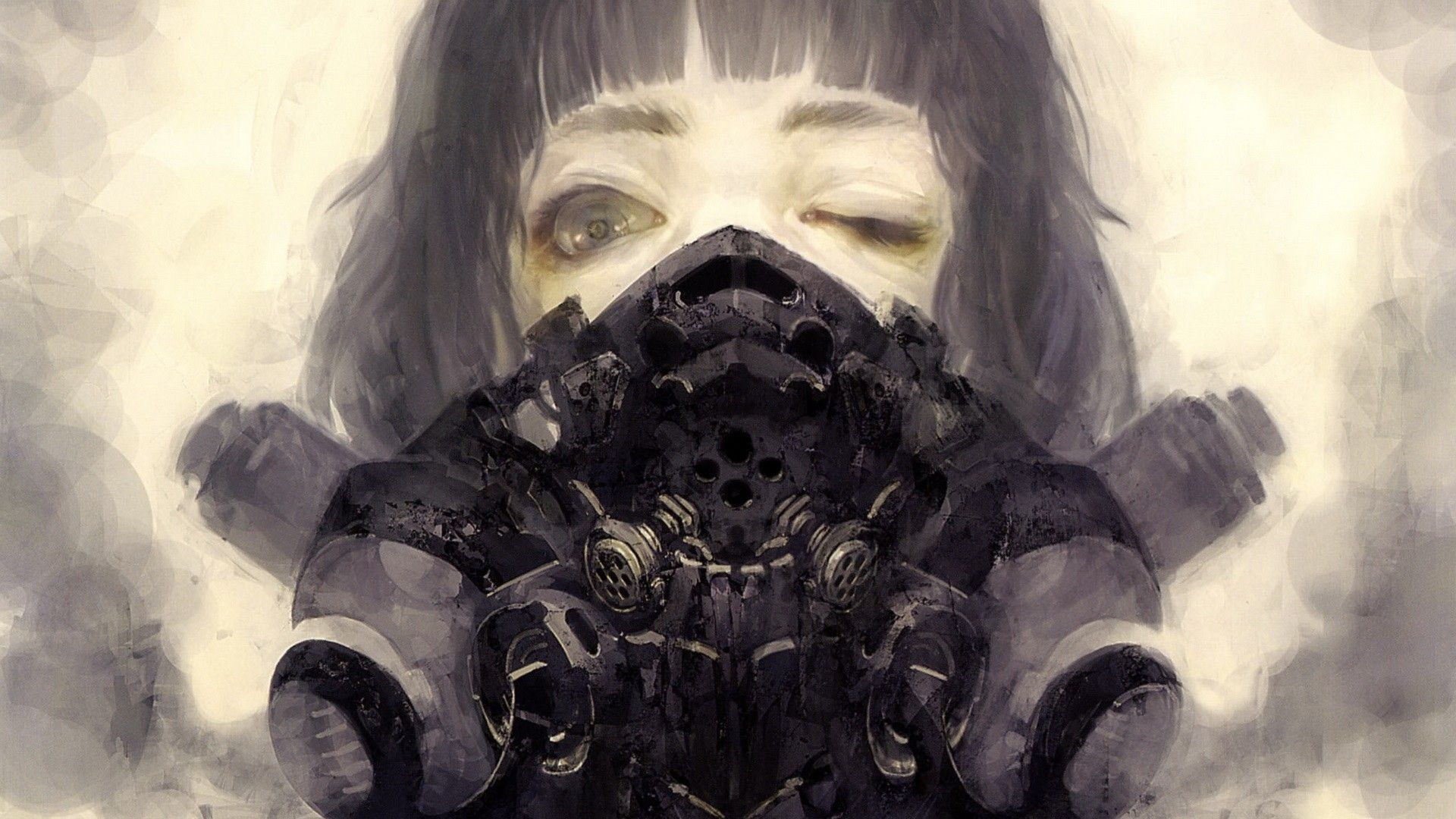 1920x1080 gas masks, cyberpunk, short hair, realistic, gray eyes, wink, Desktop