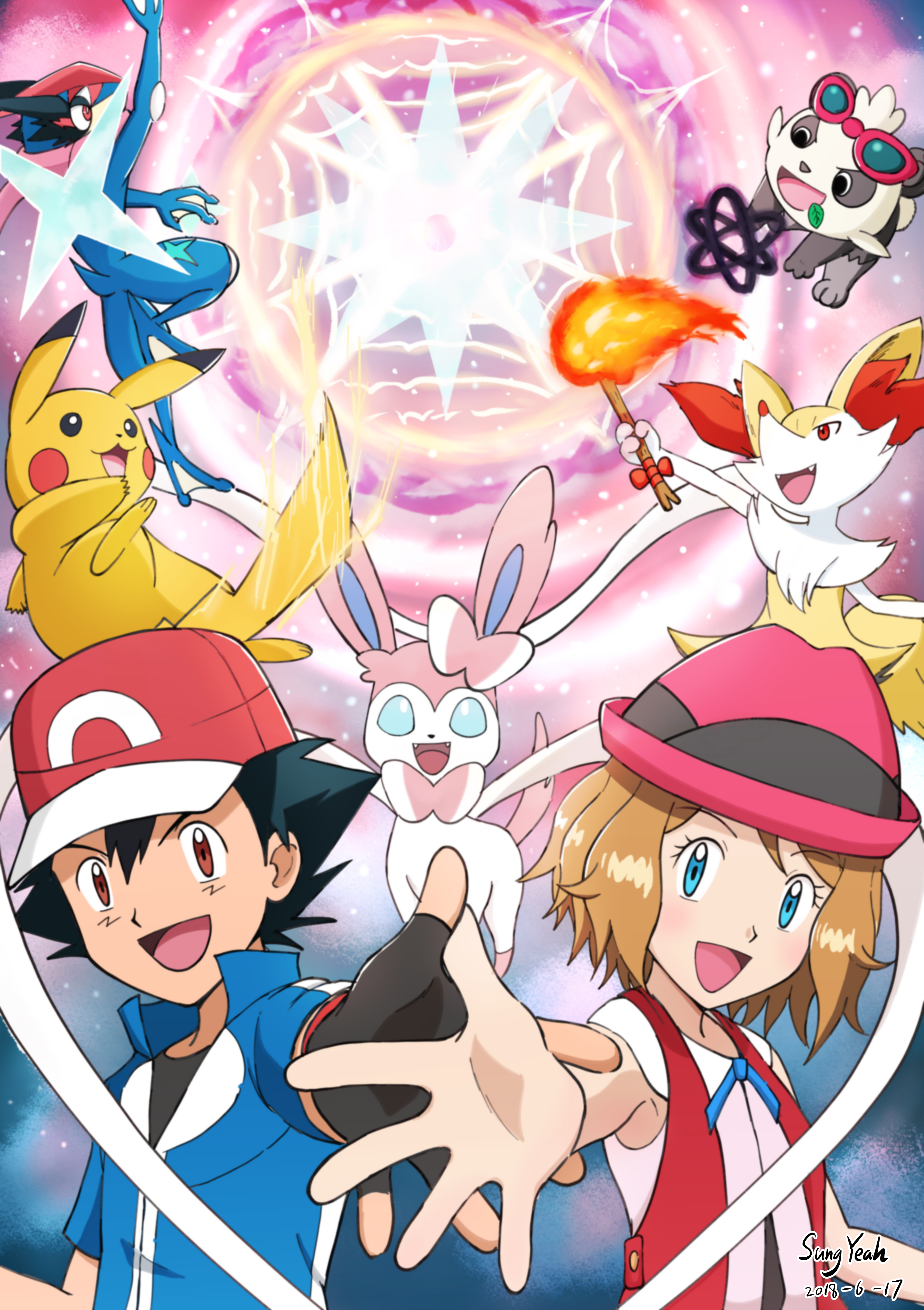 3040x4300 pikachu, ash ketchum, serena, sylveon, braixen, and 3 more (pokemon and 2 more) drawn, Phone