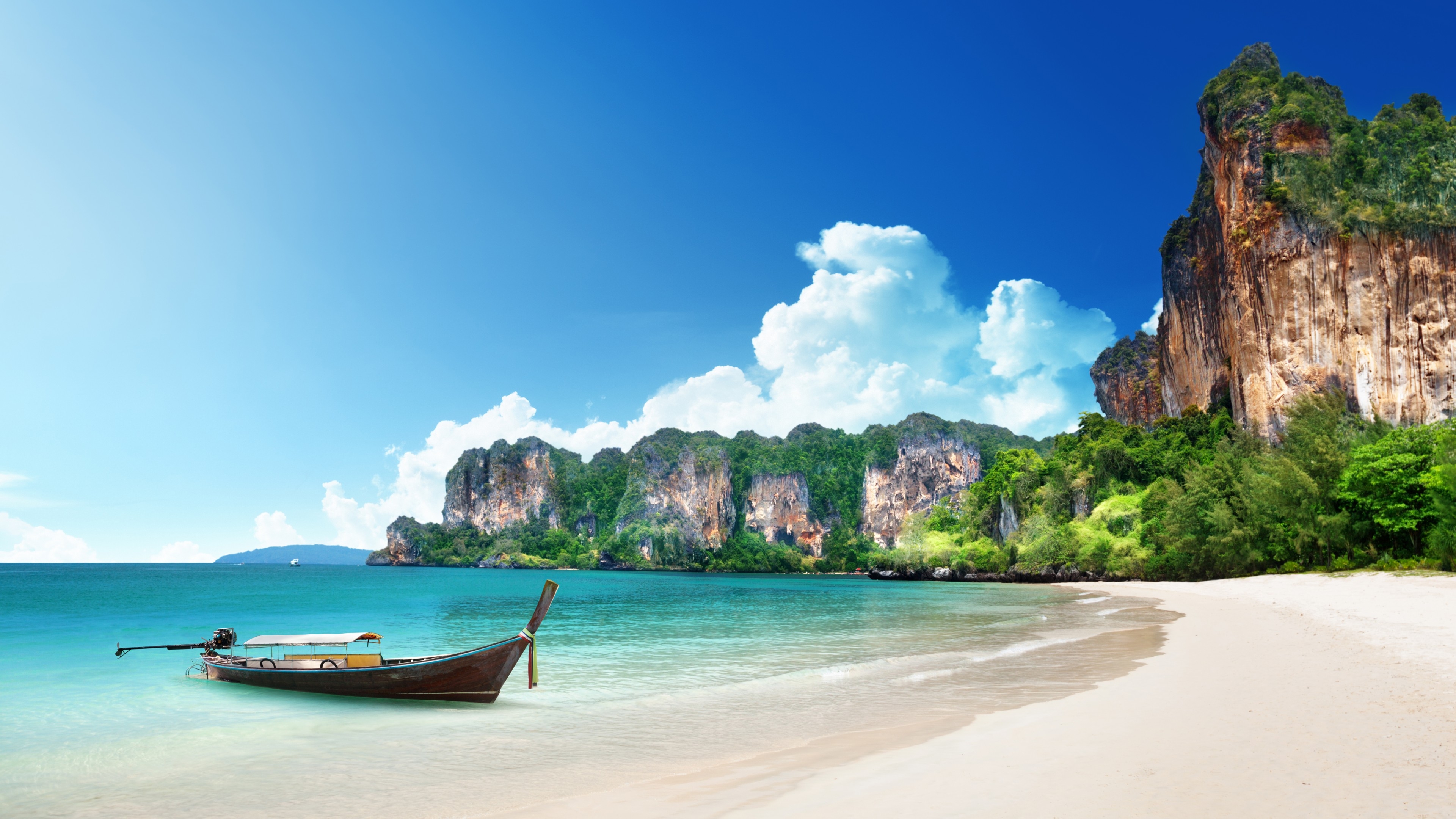 3840x2160 Wallpaper Thailand, 5k, 4k wallpaper, 8k, beach, shore, boat, rocks, travel, tourism, Nature, Desktop