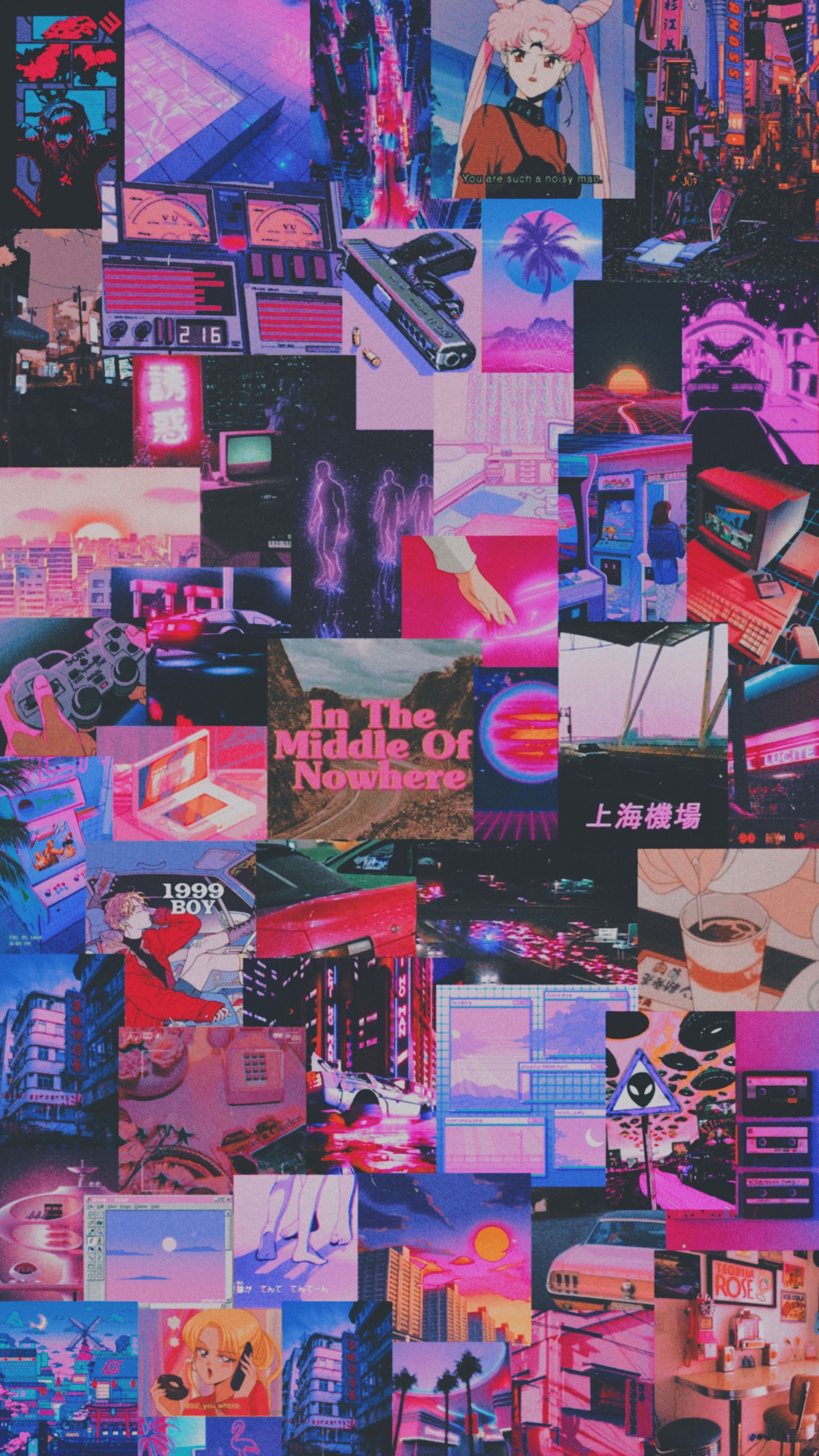 1950x3470 wallpaper #collage #retro #future #retrofuturism #pink #purple #anime #vaporwave #grun. Vaporwave wallpaper, iPhone wallpaper tumblr aesthetic, Aesthetic collage, Phone