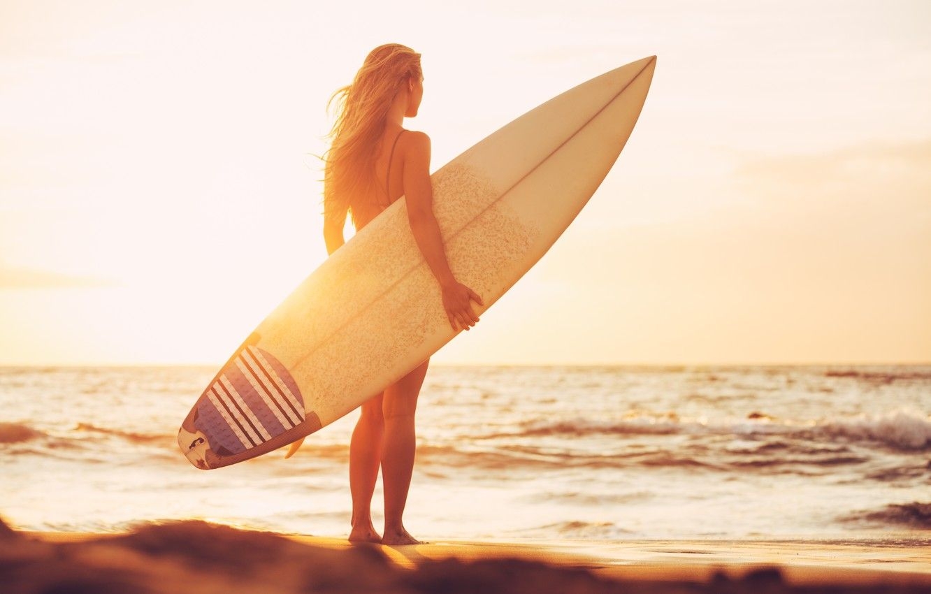 1340x850 Wallpaper Girl, Beach, Sunset, Surfing, Surfboard image for desktop, section спорт, Desktop