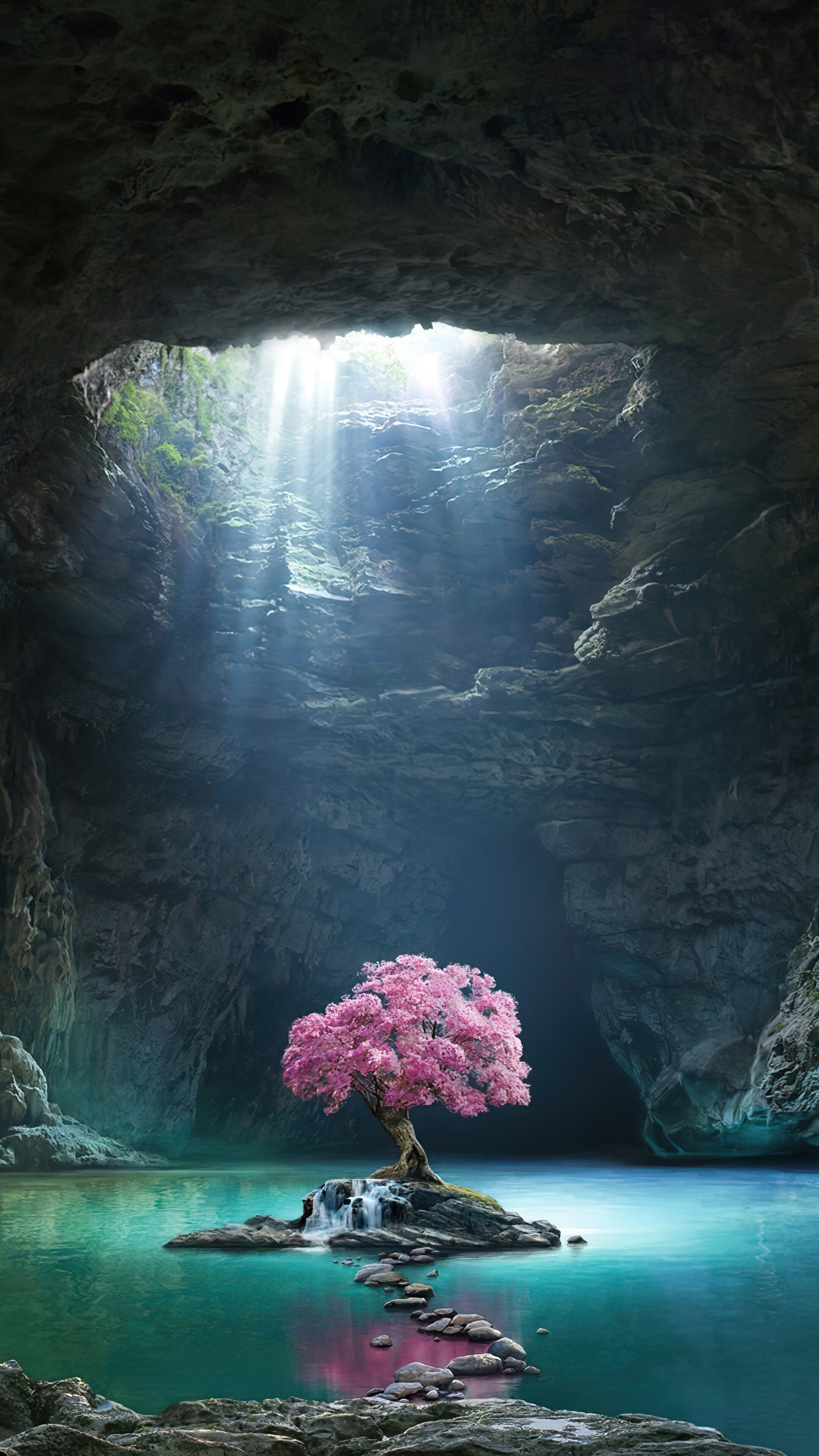 2160x3840 Beautiful, Cherry Blossom, Cave, Lake, Scenery, 4k Gallery HD Wallpaper, Phone