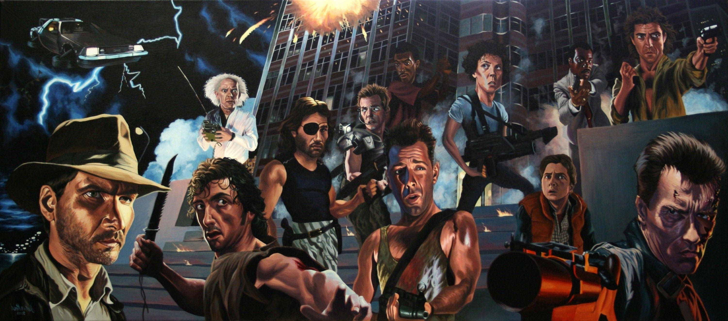 3000x1330 movies, Caricature, Terminator, Indiana Jones, Die Hard, Back To, Dual Screen