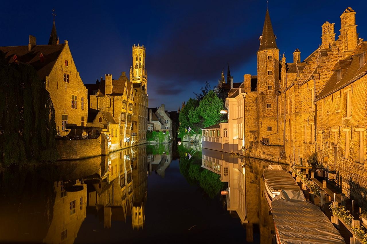 1280x860 Wallpaper Belgium Bruges Canal Night Cities Houses, Desktop