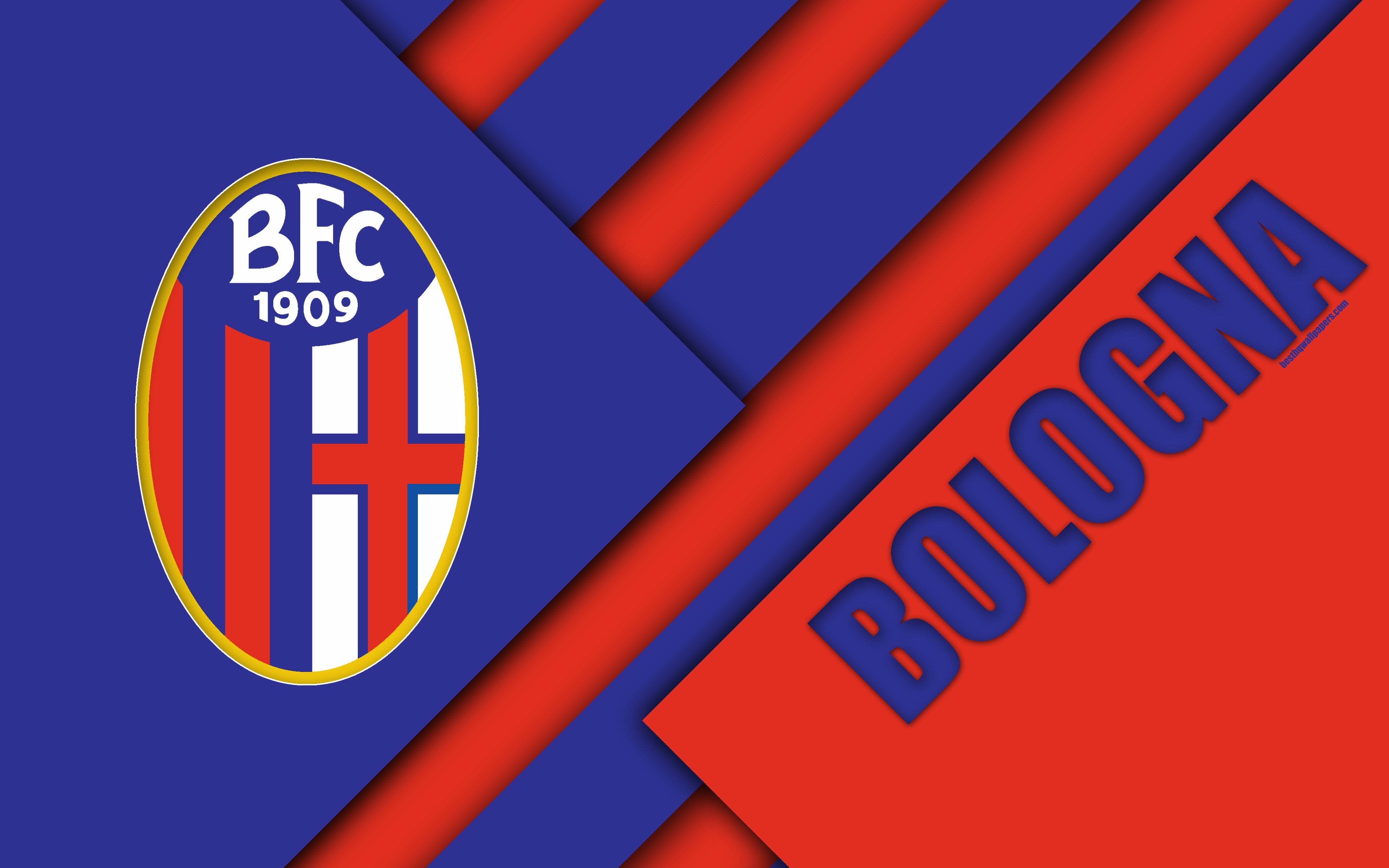 3840x2400 Download wallpaper Bologna FC, logo, 4k, material design, football, Serie A, Bologna, Italy, red blue abstraction, Italian football club for desktop with resolution. High Quality HD picture wallpaper, Desktop