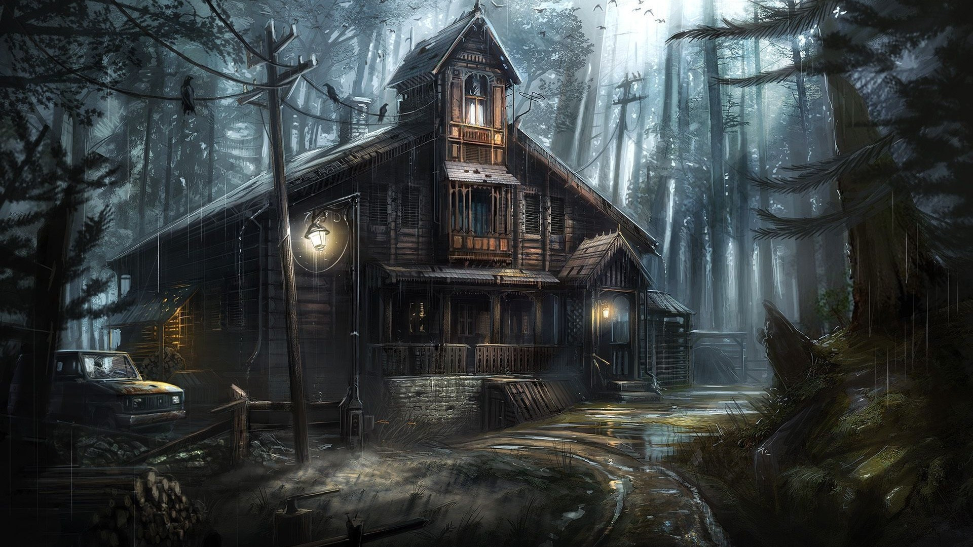 1920x1080 Download  Dark Forest, Crows, Haunted House, Horror Wallpaper for Widescreen, Desktop