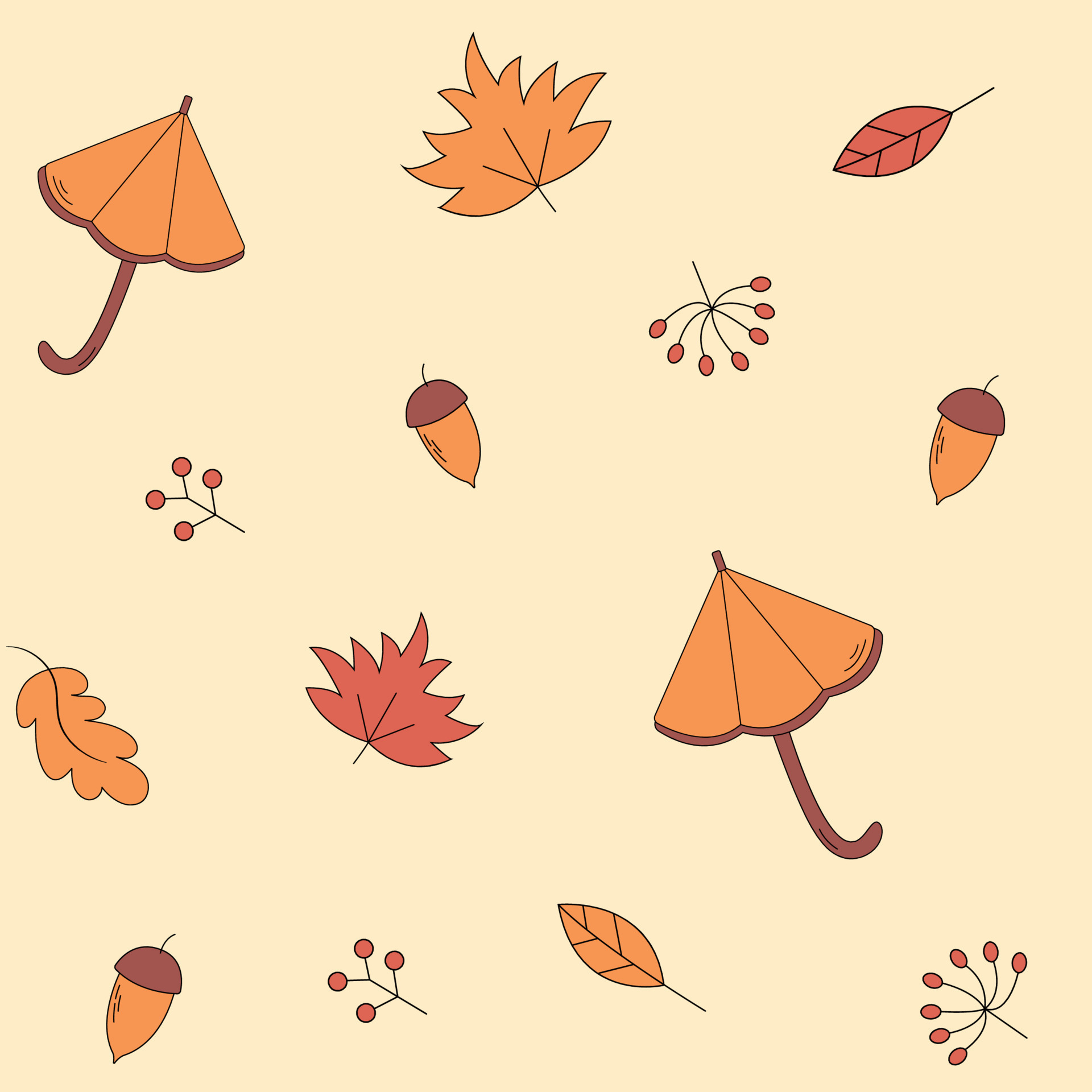 1920x1920 Vector cartoon autumn leaves and umbrellas seamless pattern, cute doodle wallpaper image on yellow background, hello autumn pattern, Phone