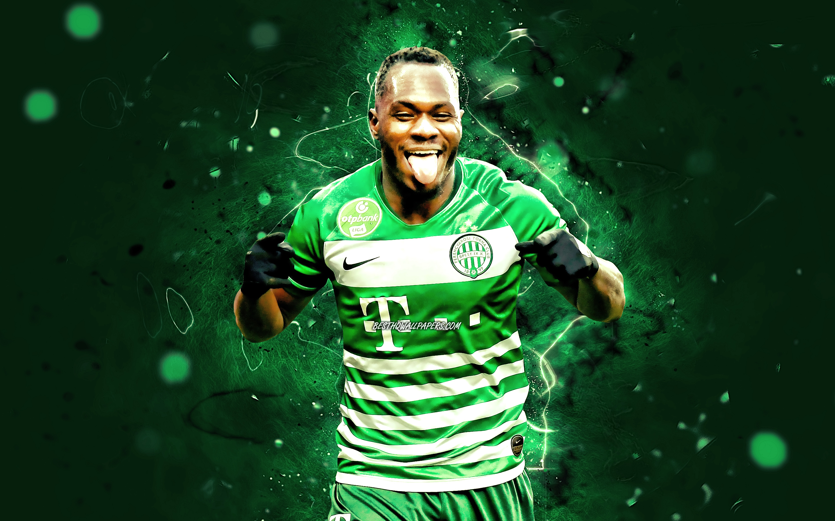 2880x1800 Download wallpaper Boli Franck, Ferencvaros TC, Ivorian footballers, OTP Bank Liga, soccer, green neon lights, Boli Franck Ferencvaros for desktop with resolution. High Quality HD picture wallpaper, Desktop