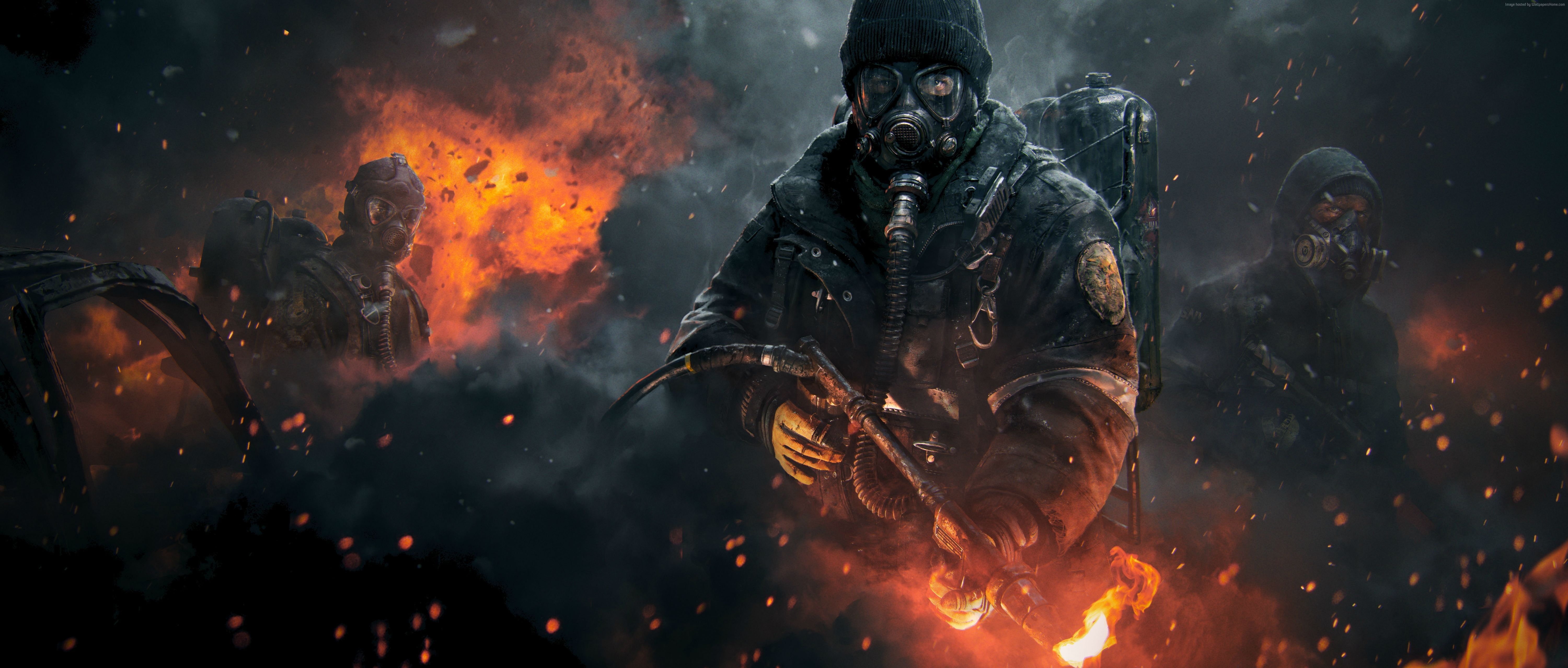 6000x2560 Wallpaper The Division, Tom Clancy's, flamethrower, apocalypse, PS4, Dual Screen