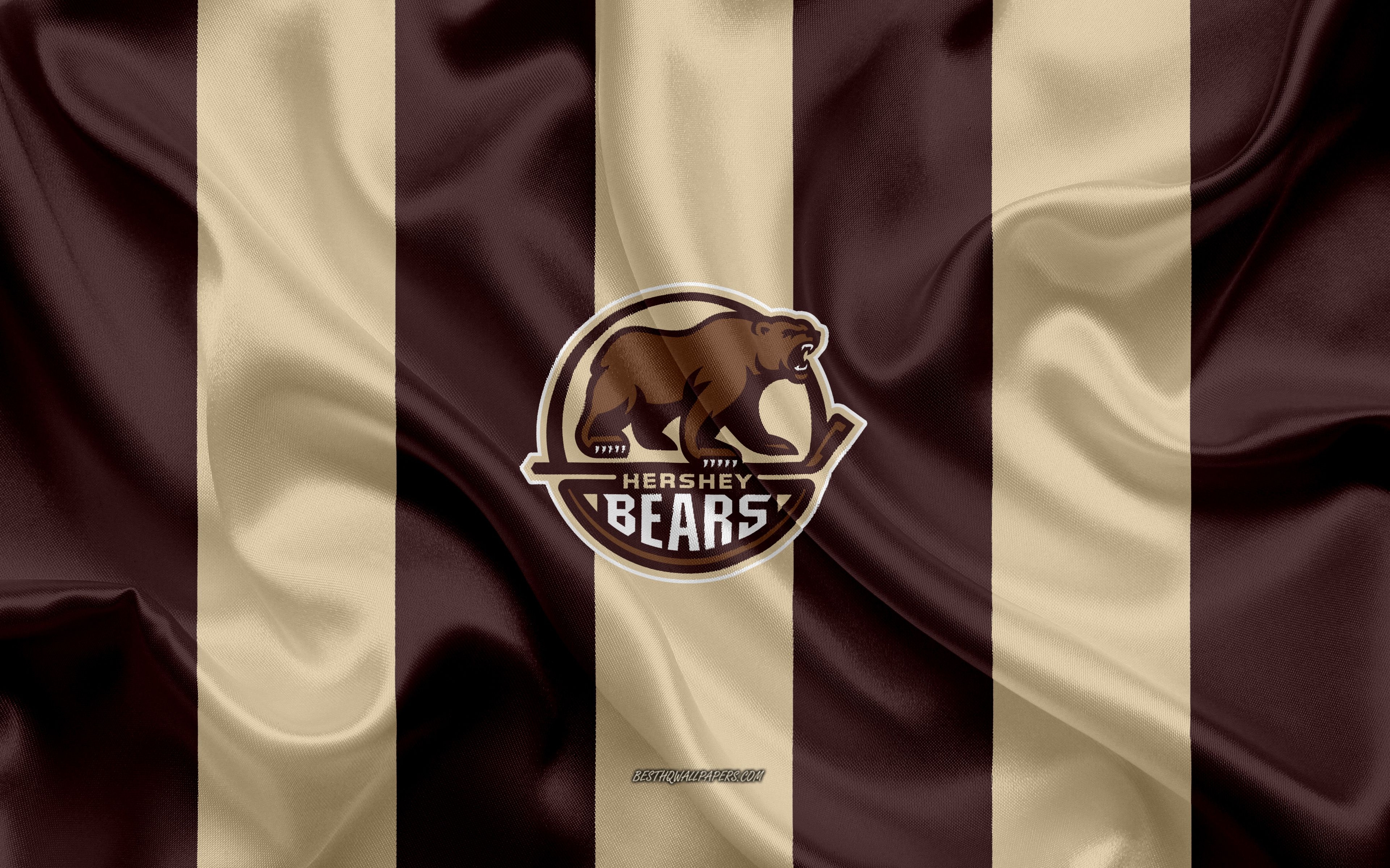 3840x2400 Download wallpaper Hershey Bears, American Hockey Club, emblem, silk flag, brown silk texture, AHL, Hershey Bears logo, Hershey, Pennsylvania, USA, hockey, American Hockey League for desktop with resolution. High Quality HD, Desktop