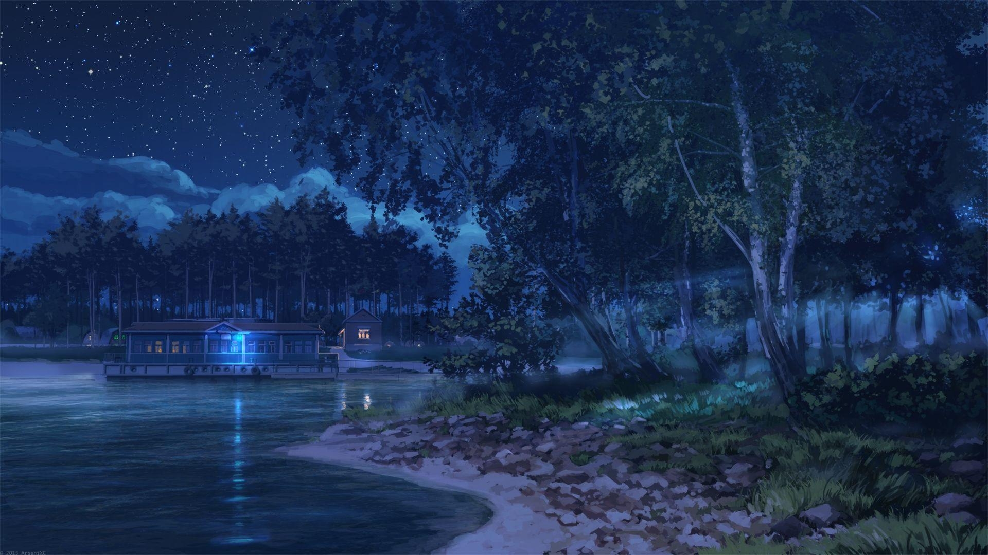 1920x1080 Download  Anime Landscape, Lake, Night, Stars, Trees, Light, Desktop