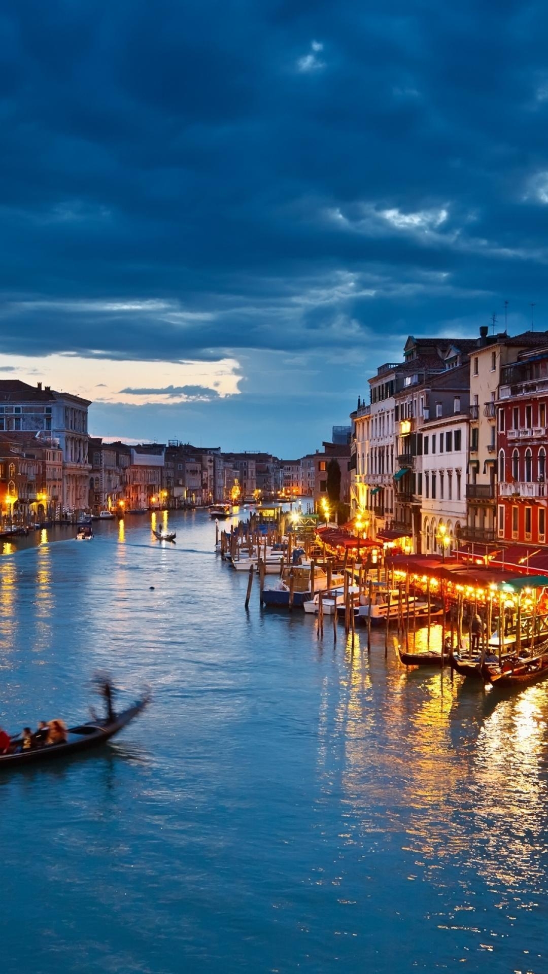 1080x1920 HD Background Venice Italy Night View Gondola Rides River Buildings, Phone