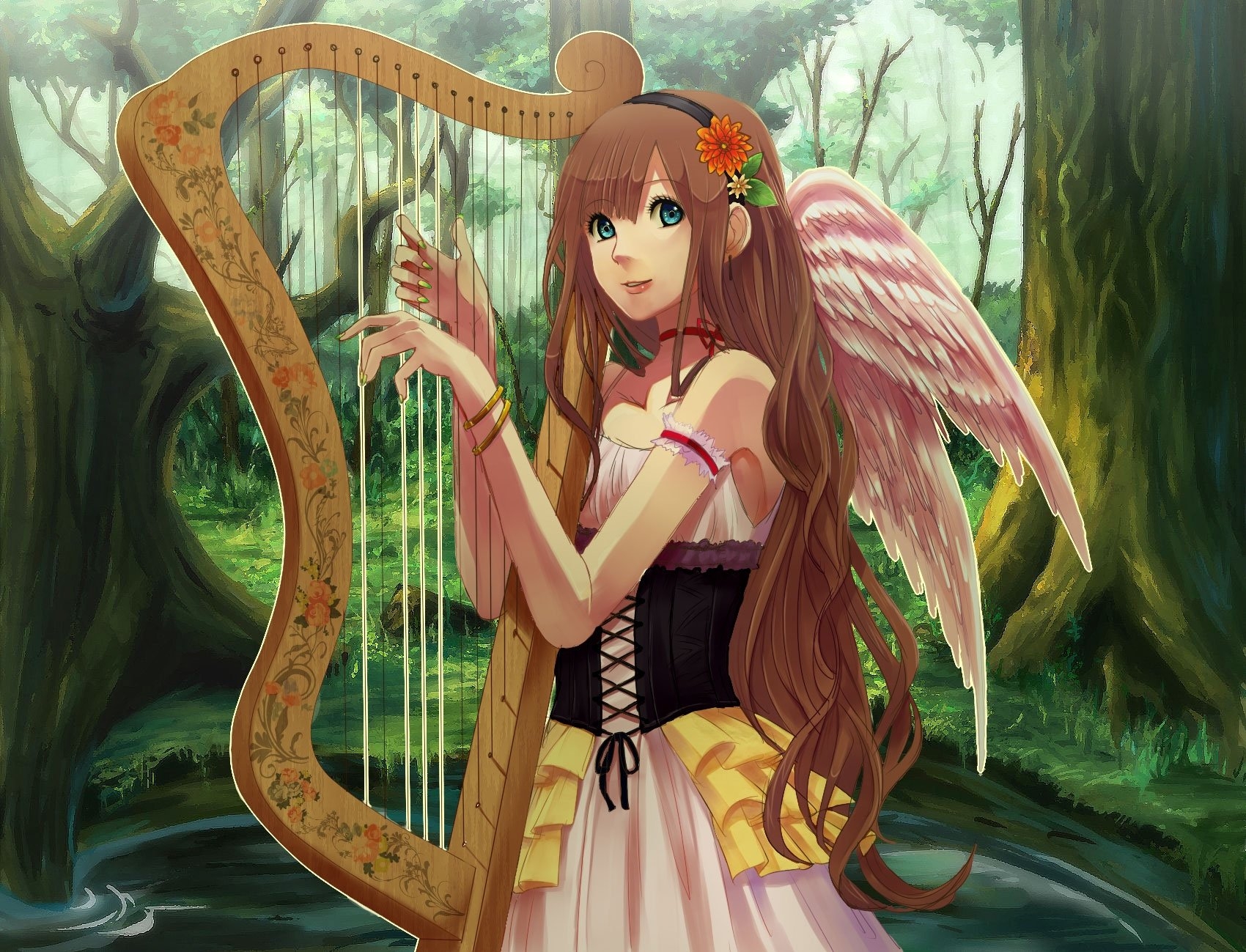 1700x1300 Download wallpaper  girl, harp, wings, smile, nature HD, Desktop