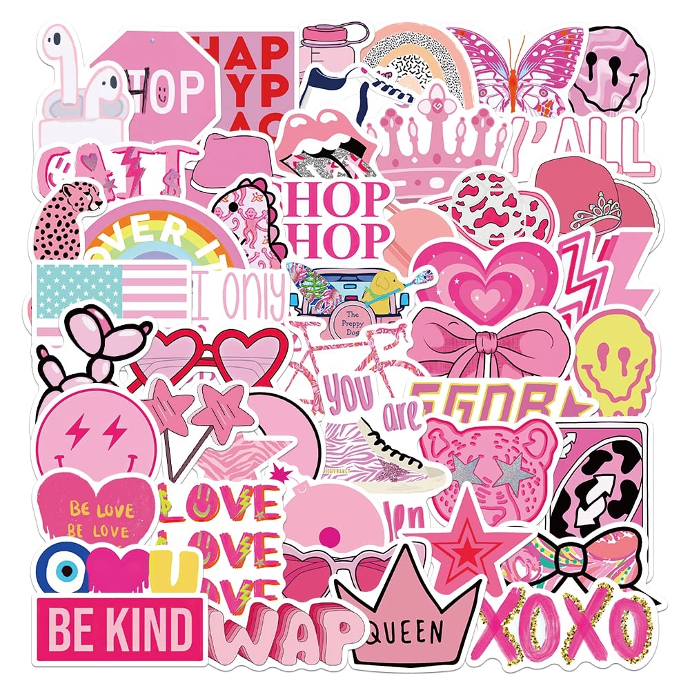 1000x1000 50Pcs Preppy Smile Happy Face Bolt Vinyl Sticker Party Supplies Cowgirl Vinyl Waterproof Sticker Aesthetic Stickers Decor Pink Party Mobile Phone Stickers for Laptop Water Bottle Potion Bottle, Toys, Phone