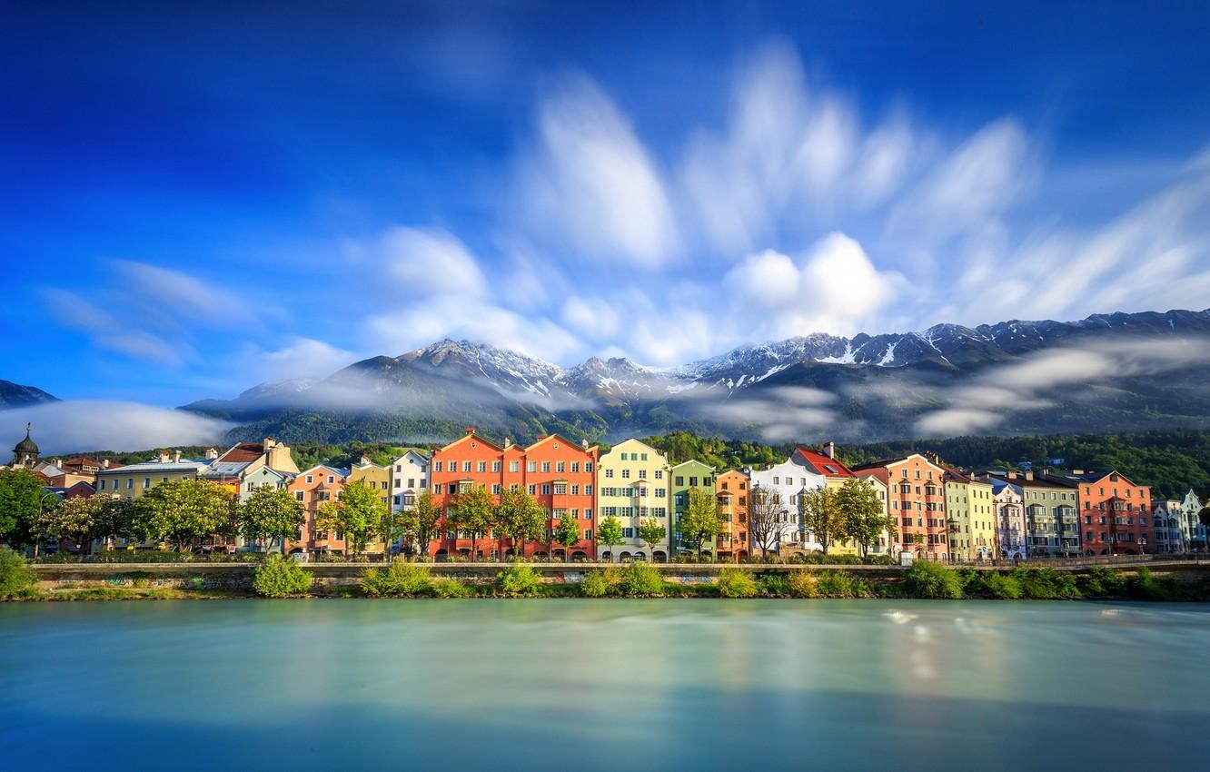 1340x850 Wallpaper clouds, mountains, lake, home, Austria, Innsbruck image, Desktop