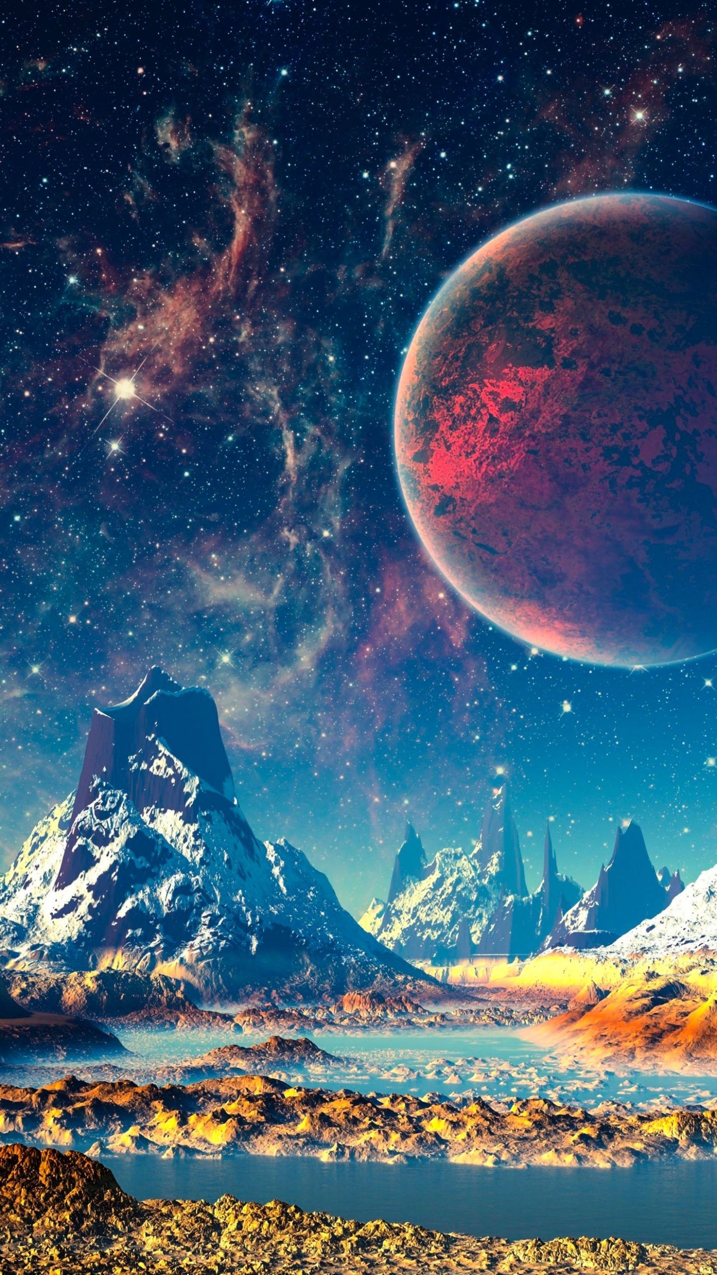 1440x2560 Fantasy World Mountains River Planets Stars 4K Wallpaper, Phone