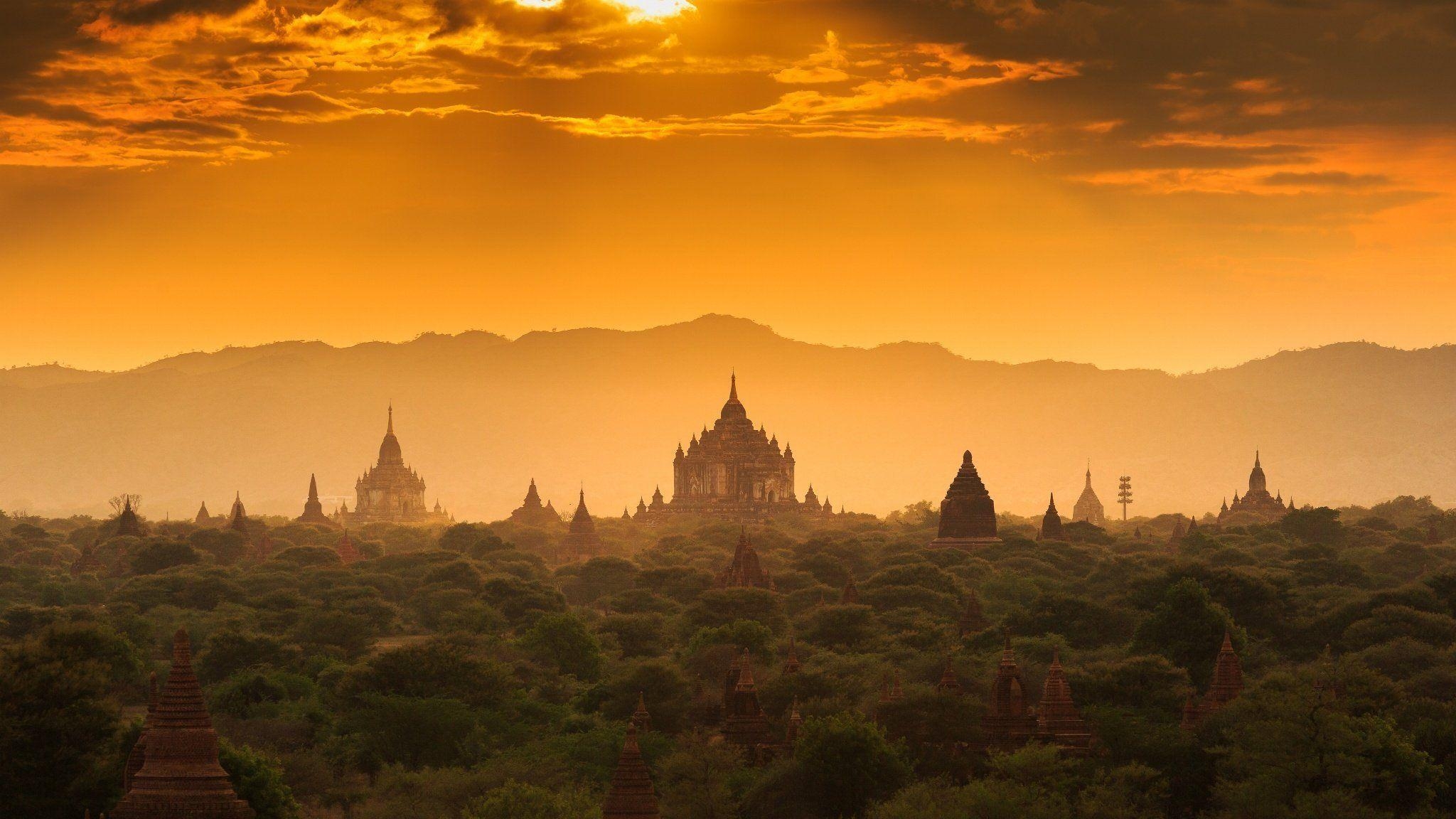 2050x1160 myanmar burma the lost town old architecture sunset forest temple, Desktop