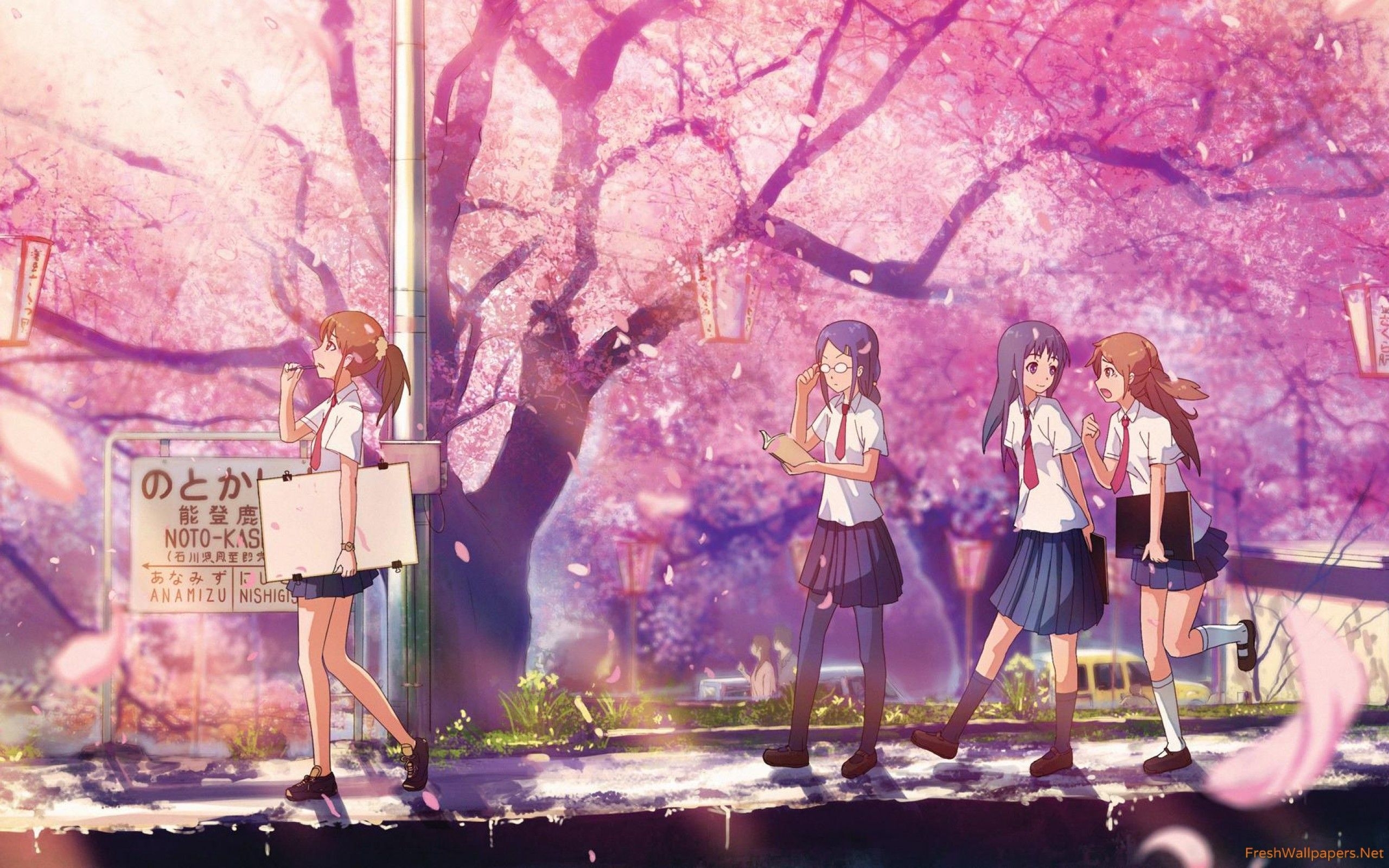 2560x1600 School Girls On A Spring Day Wallpaper Sakura Tree Drawing, Desktop