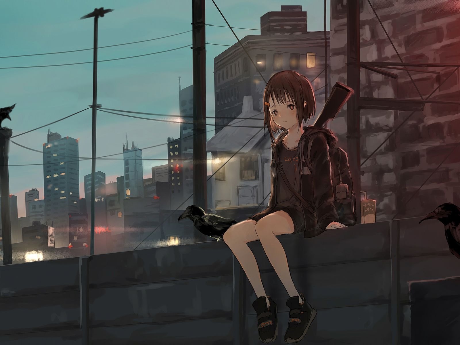 1600x1200 Anime Girl Sitting Alone Roof Sad 4k, Desktop