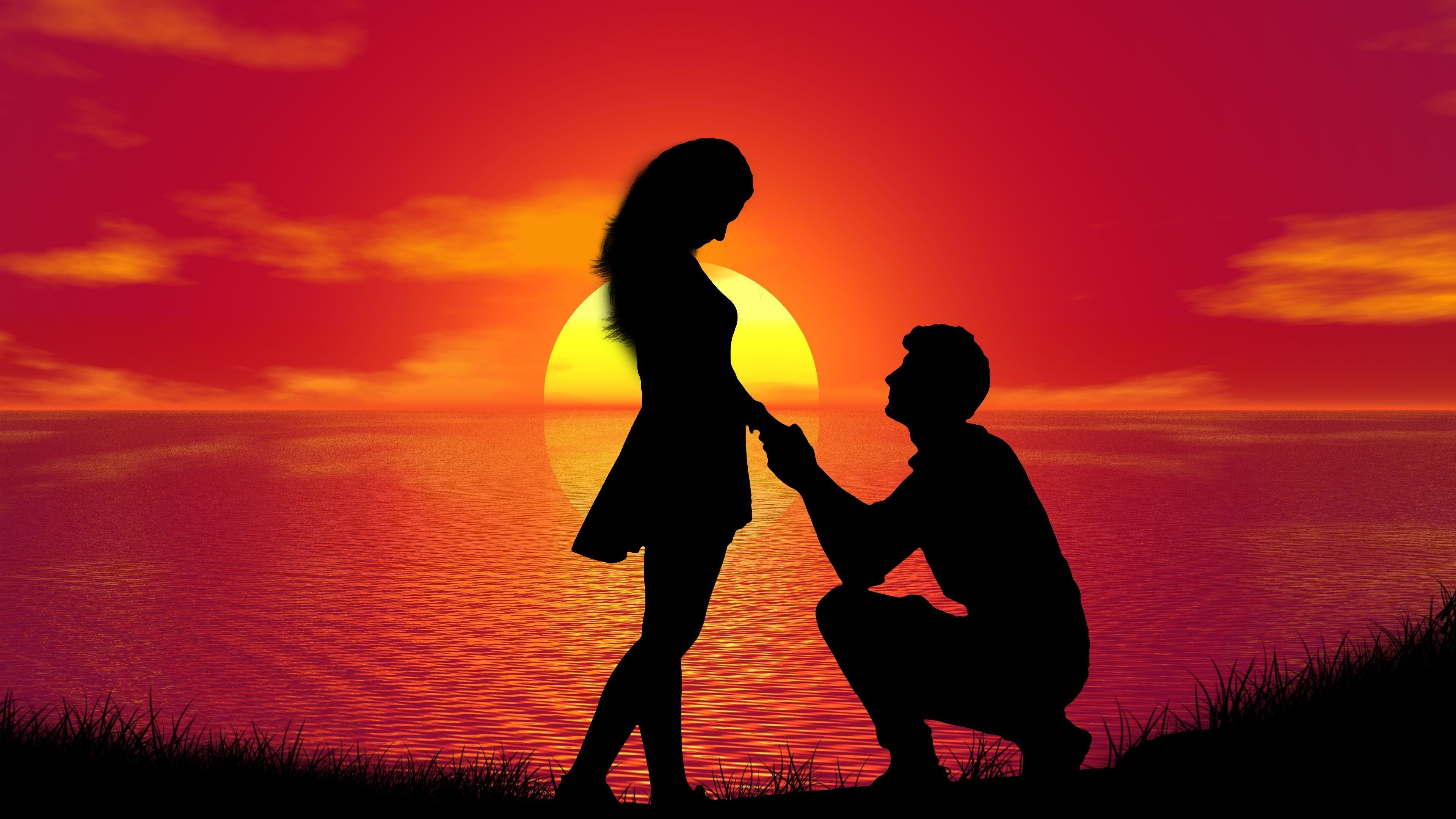 3840x2160 Couple 4K Wallpaper, Sunset, Proposal, Silhouette, Romantic, Lovers, Together, Love, Desktop