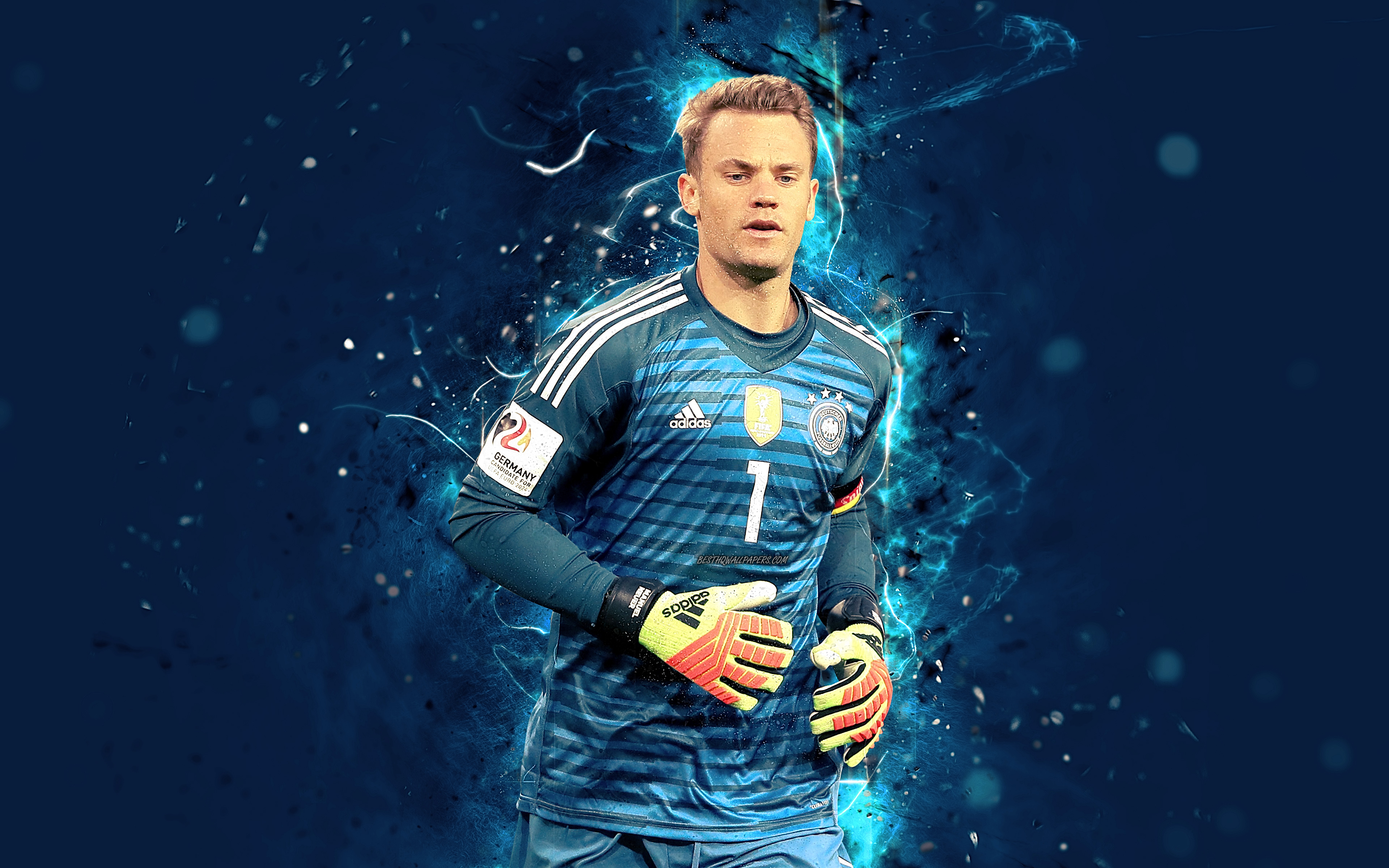 3840x2400 Download wallpaper 4k, Manuel Neuer, abstract art, Germany National Team, fan art, Neuer, goalkeeper, soccer, footballers, neon lights, German football team for desktop with resolution. High Quality HD picture wallpaper, Desktop