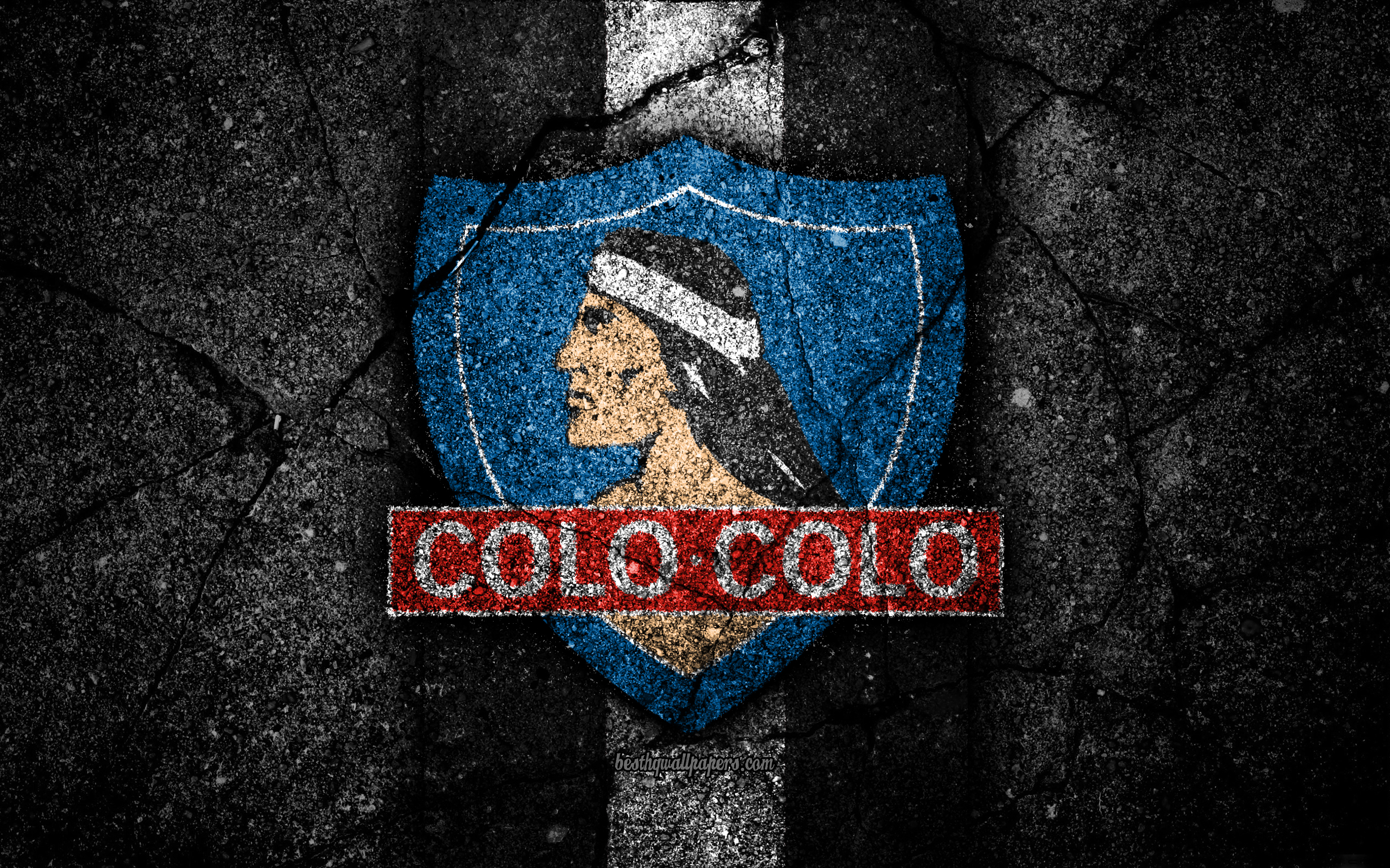 3840x2400 Download wallpaper 4k, Colo Colo FC, emblem, Chilean Primera Division, soccer, black stone, football club, Chile, Colo Colo, logo, asphalt texture, FC Colo Colo for desktop with resolution. High Quality HD, Desktop