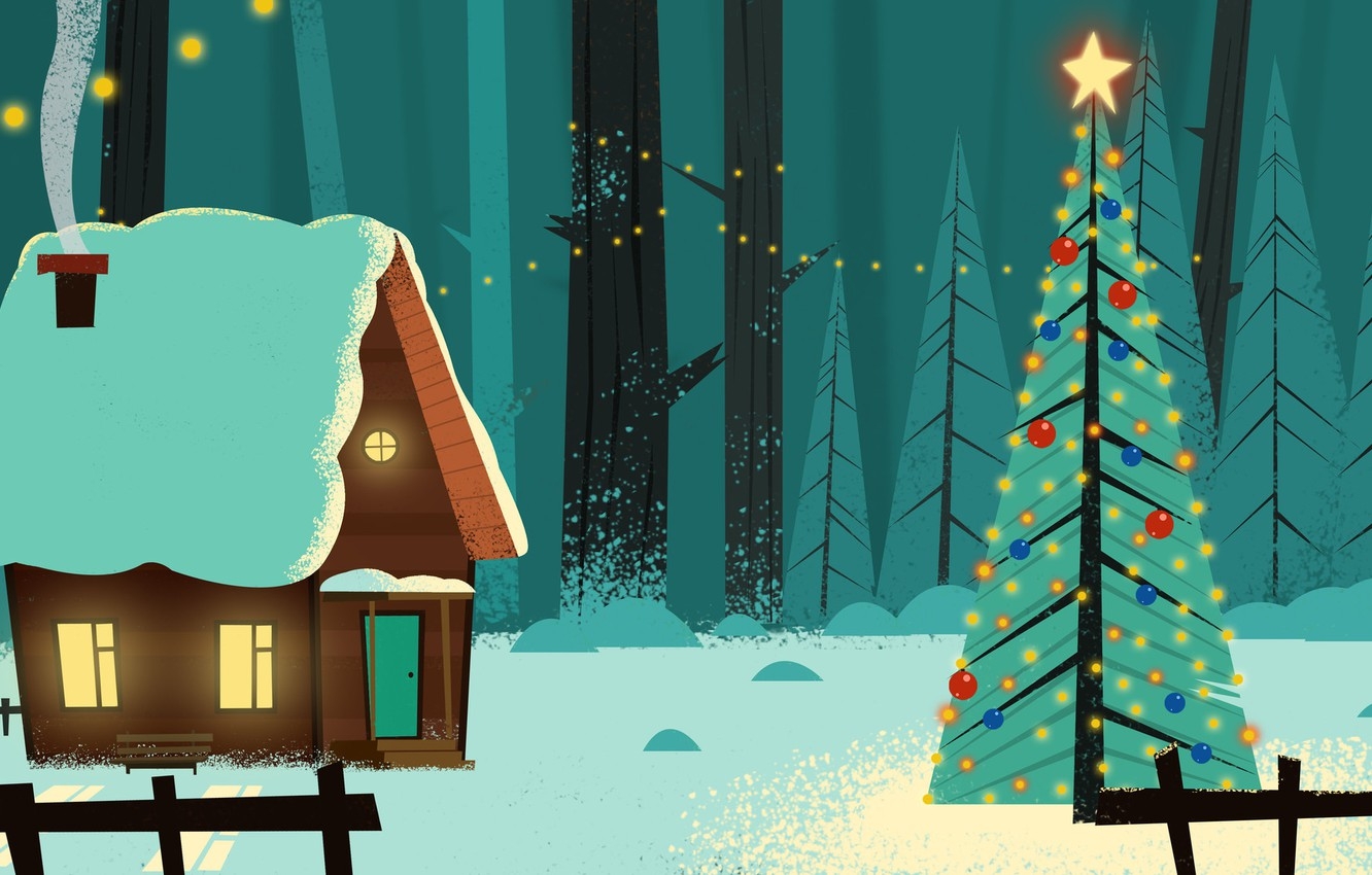 1340x850 Wallpaper Winter, Snow, Forest, New Year, House, Decoration, Holiday, Art, New Year, Trees, Cartoon, Environment, by Andrey Syailev, Andrey Syailev image for desktop, section новый год, Desktop