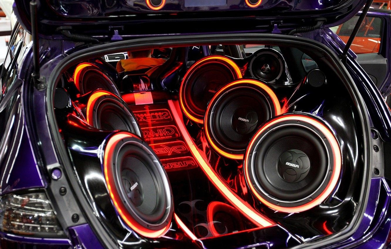 1340x850 Wallpaper music, tuning, backlight, speakers, red light, the trunk of the car, sabvufery image for desktop, section музыка, Desktop