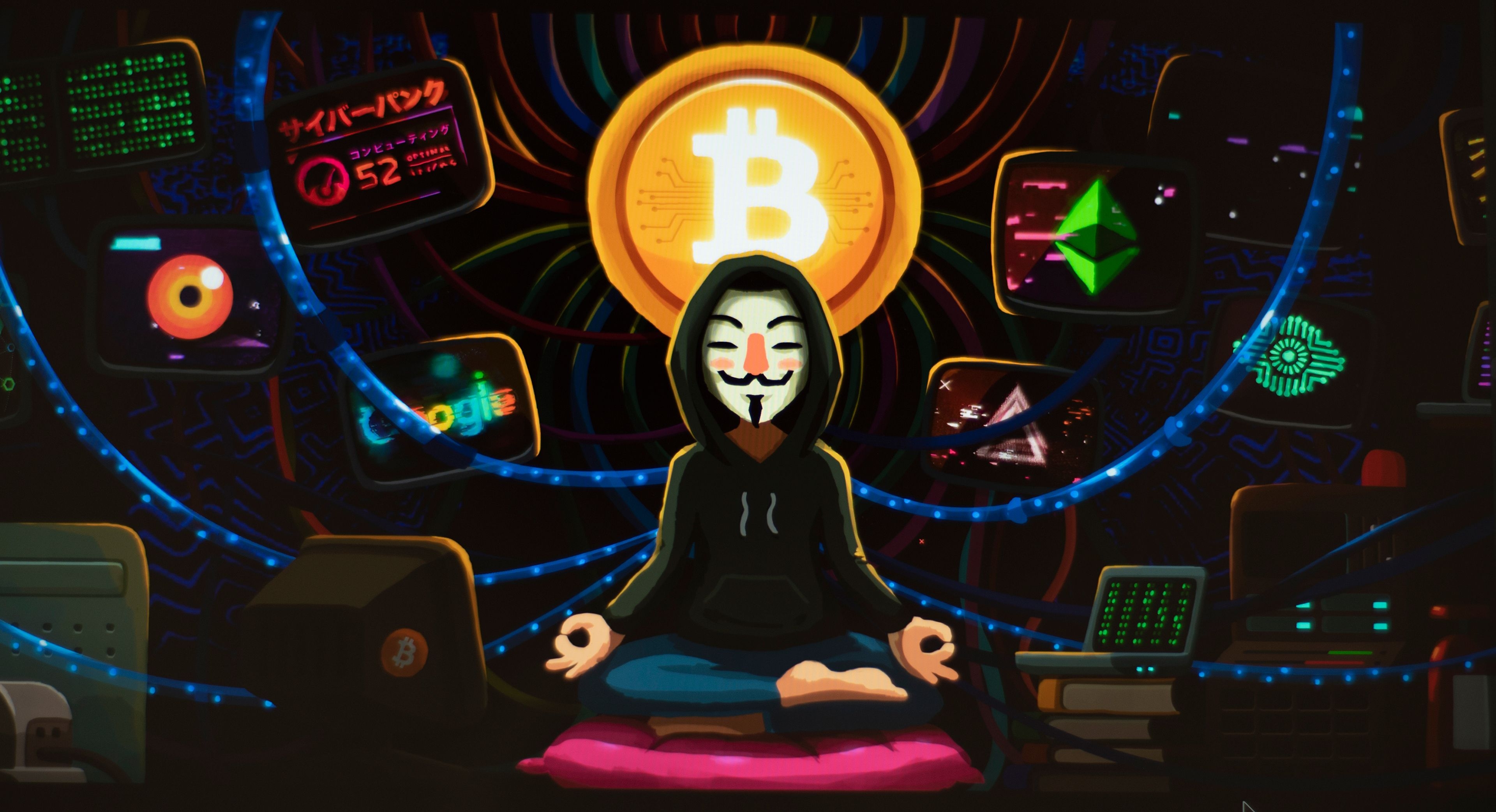 3840x2090 Bitcoin Anonymous HD Wallpaper, Desktop