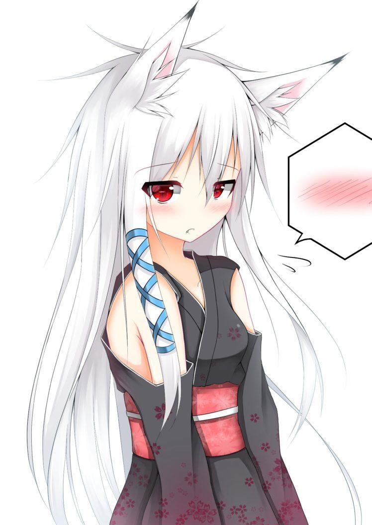 750x1060 long hair, White hair, Red eyes, Anime, Anime girls, Animal, Phone