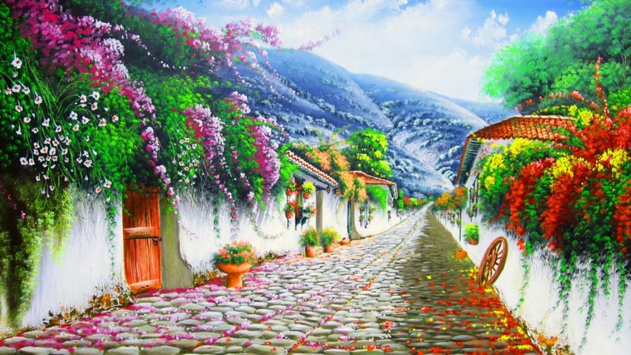 1280x720 Vivid Flowers Cobblestone Hill wallpaper. Vivid Flowers, Desktop