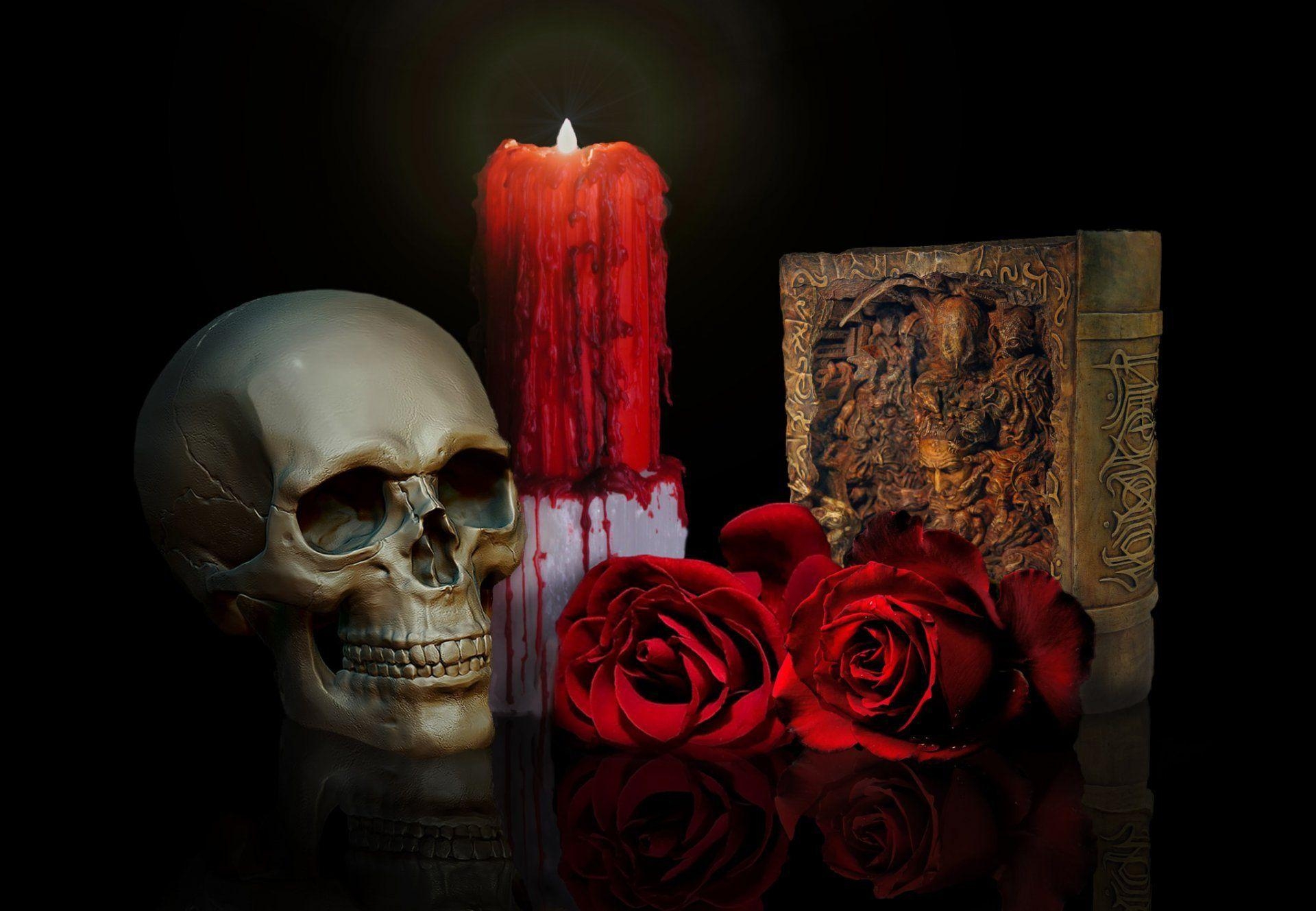 1920x1330 skull roses candle book HD wallpaper, Desktop