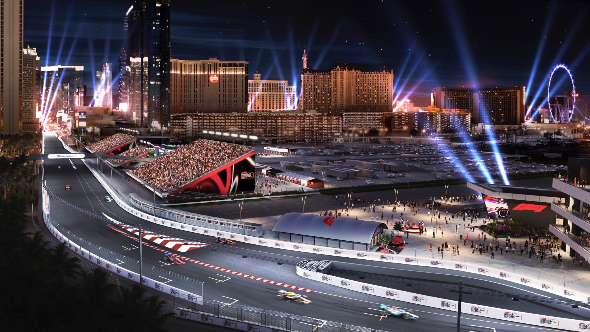 2050x1160 New Las Vegas F1 Grand Prix rendering shows West Harmon Zone grandstands, Desktop