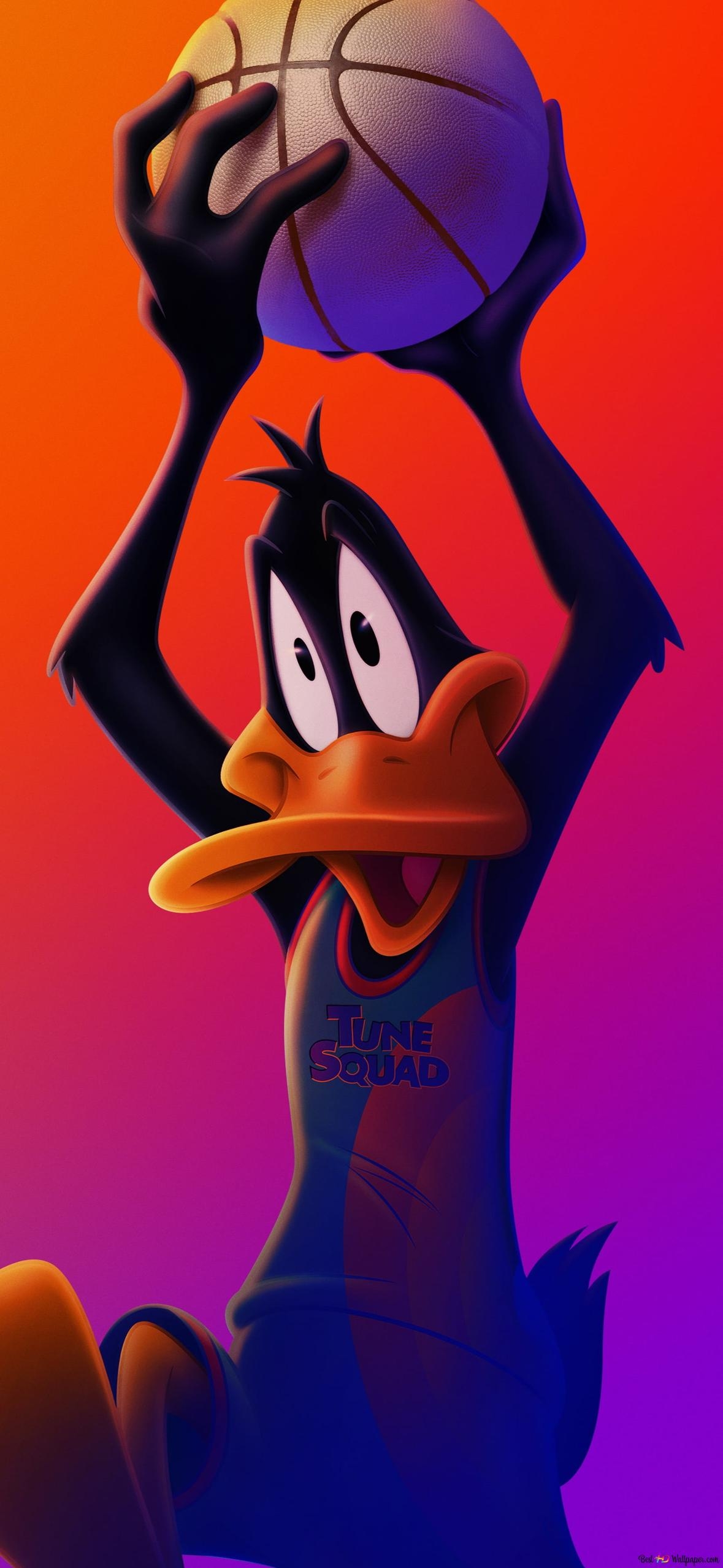 1180x2560 Daffy Duck cartoon character holding basketball ball looking cheerful in front of red purple background HD wallpaper download, Phone