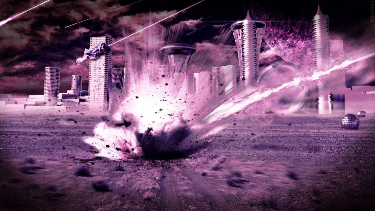 1250x700 Outer space futuristic explosions purple impact meteorite cities, Desktop