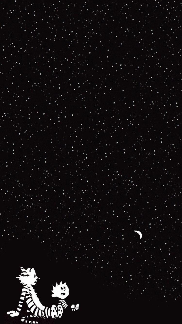 750x1340 Wallpaper calvin and hobbes, starry sky, cartoon, Phone