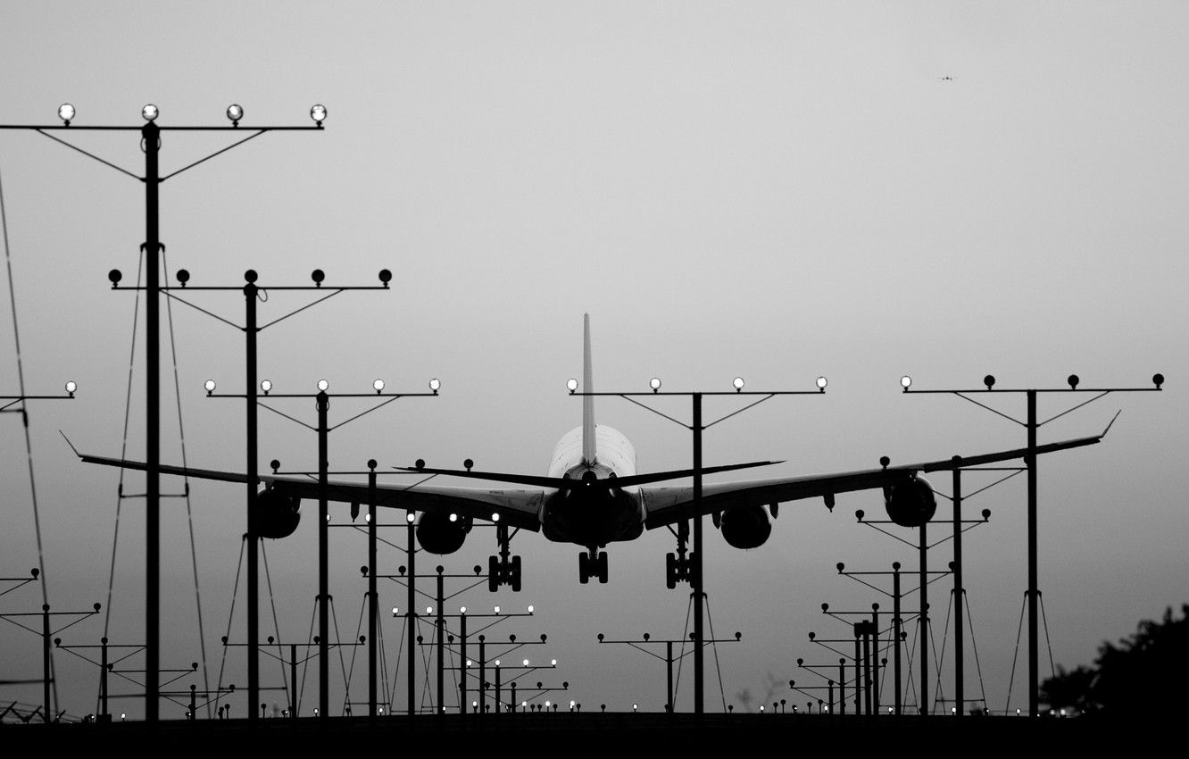 1340x850 Wallpaper lights, aircraft, plane, landing, black and white, Desktop