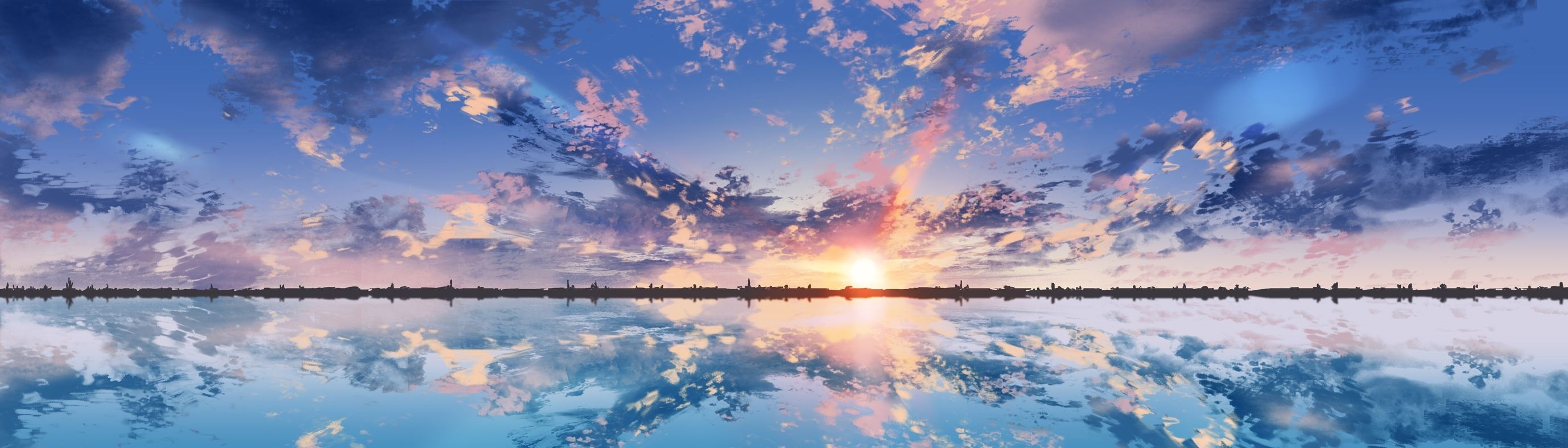 2760x790 Download  Anime Scenic, Clouds, Sunset, Reflection, Dual, Dual Screen