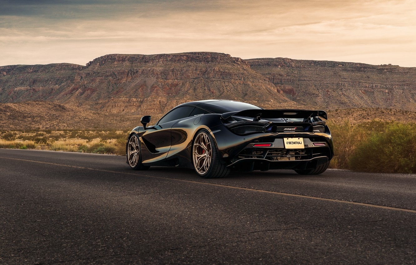 1340x850 Wallpaper road, mountains, black, sports car, rear view, McLaren 720S image for desktop, section mclaren, Desktop